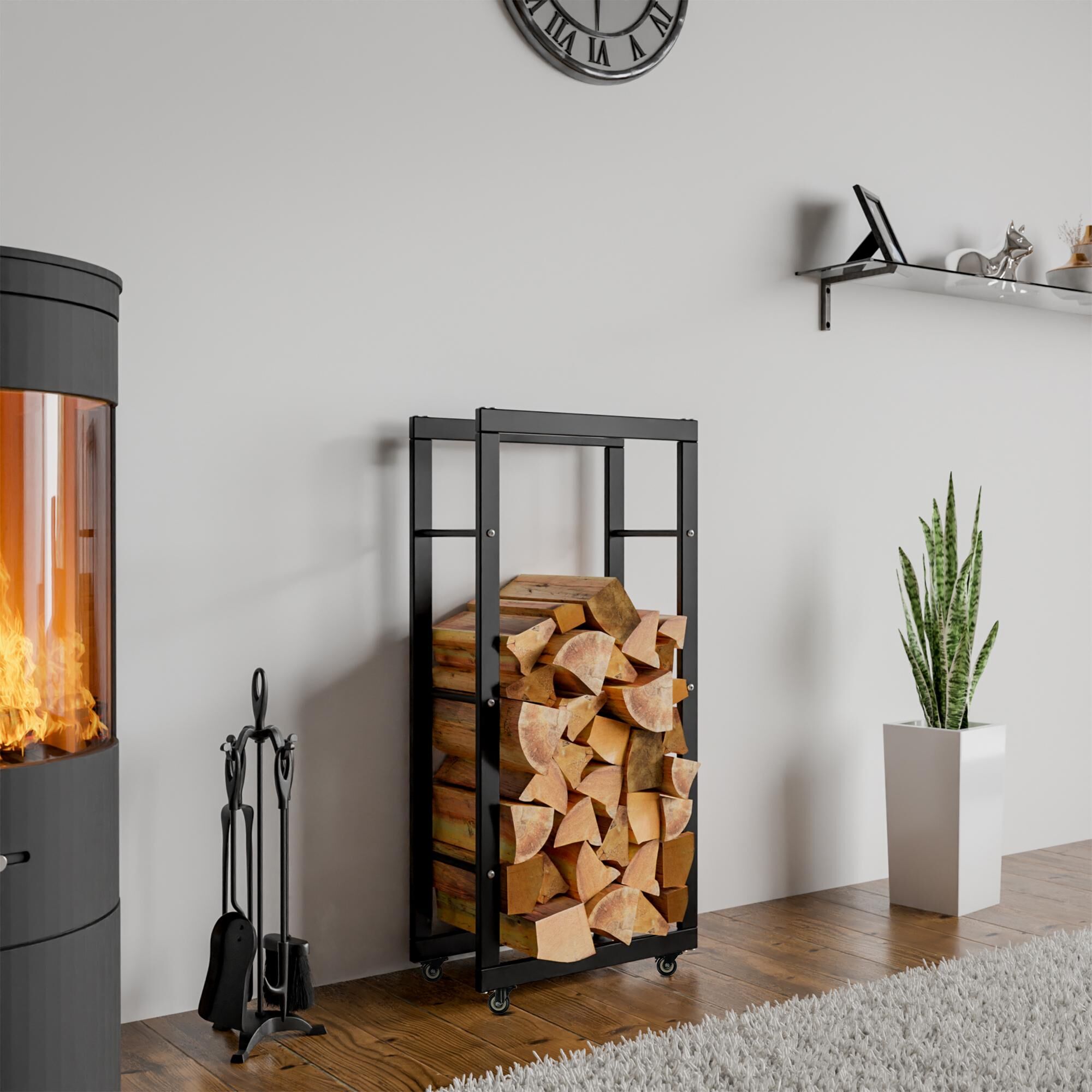Kaminholzständer Keri mit Rollen 25x40x100, schwarz