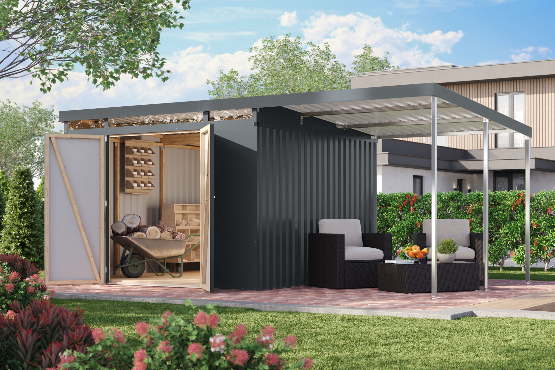 Karibu Pultdach Metall Gartenhaus Iridium 3,5 Set mit Anbaudach 2m, graualuminium
