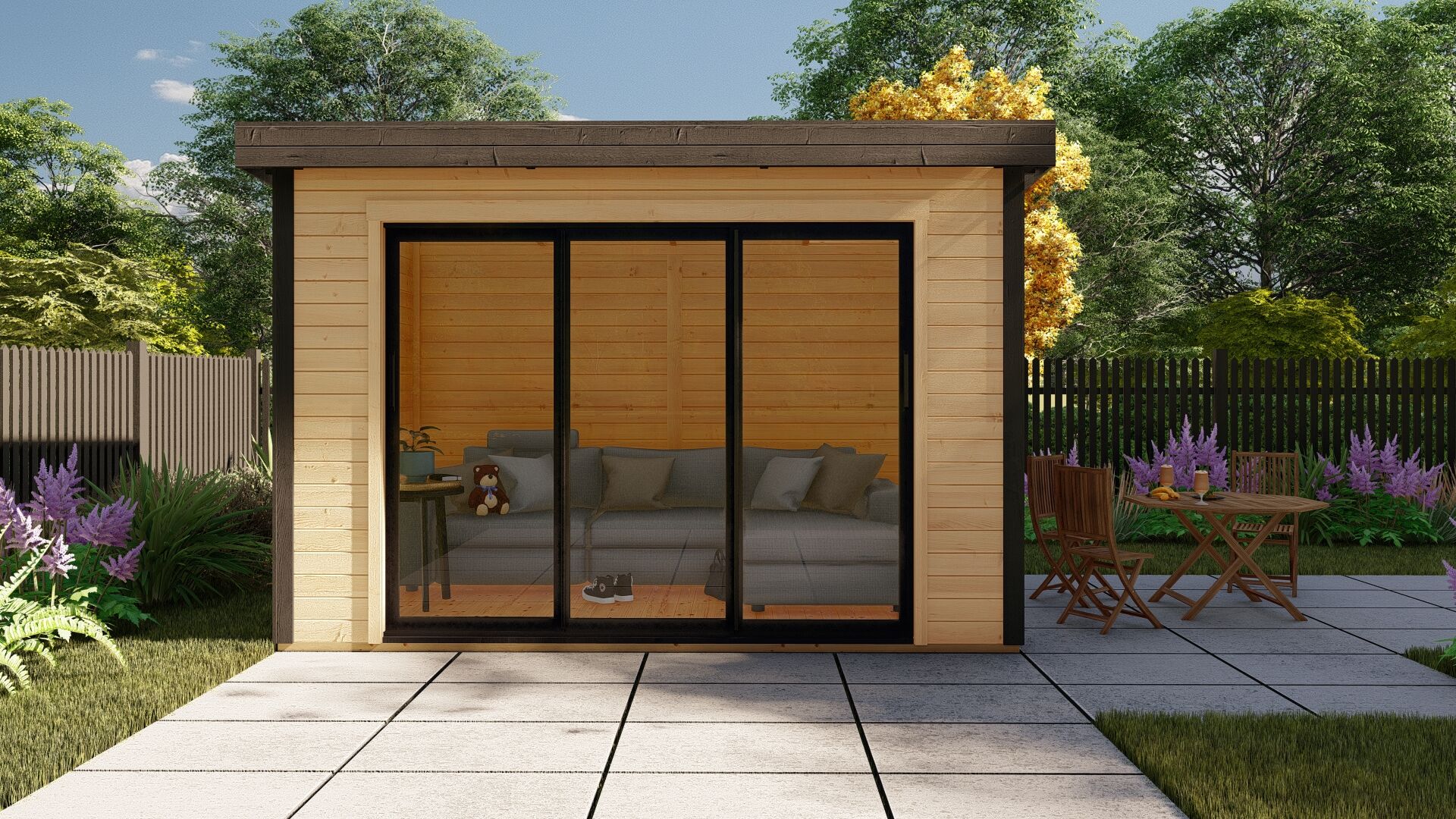 28 mm Flachdach Holz Gartenhaus modern Sydney 54 mit Schiebetür