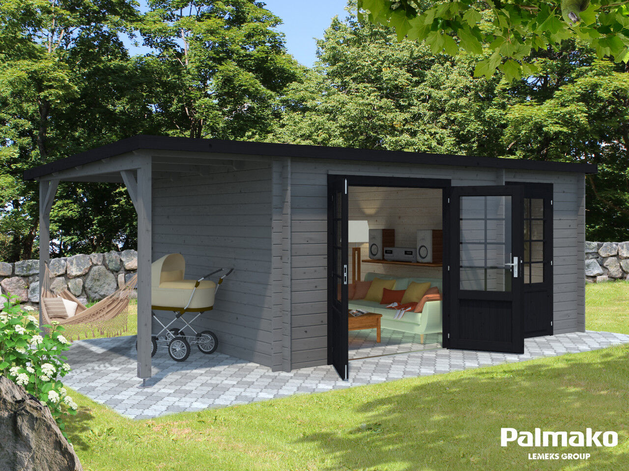 Flachdach Palmako Gartenhaus Ella 13,1+3,9 m²