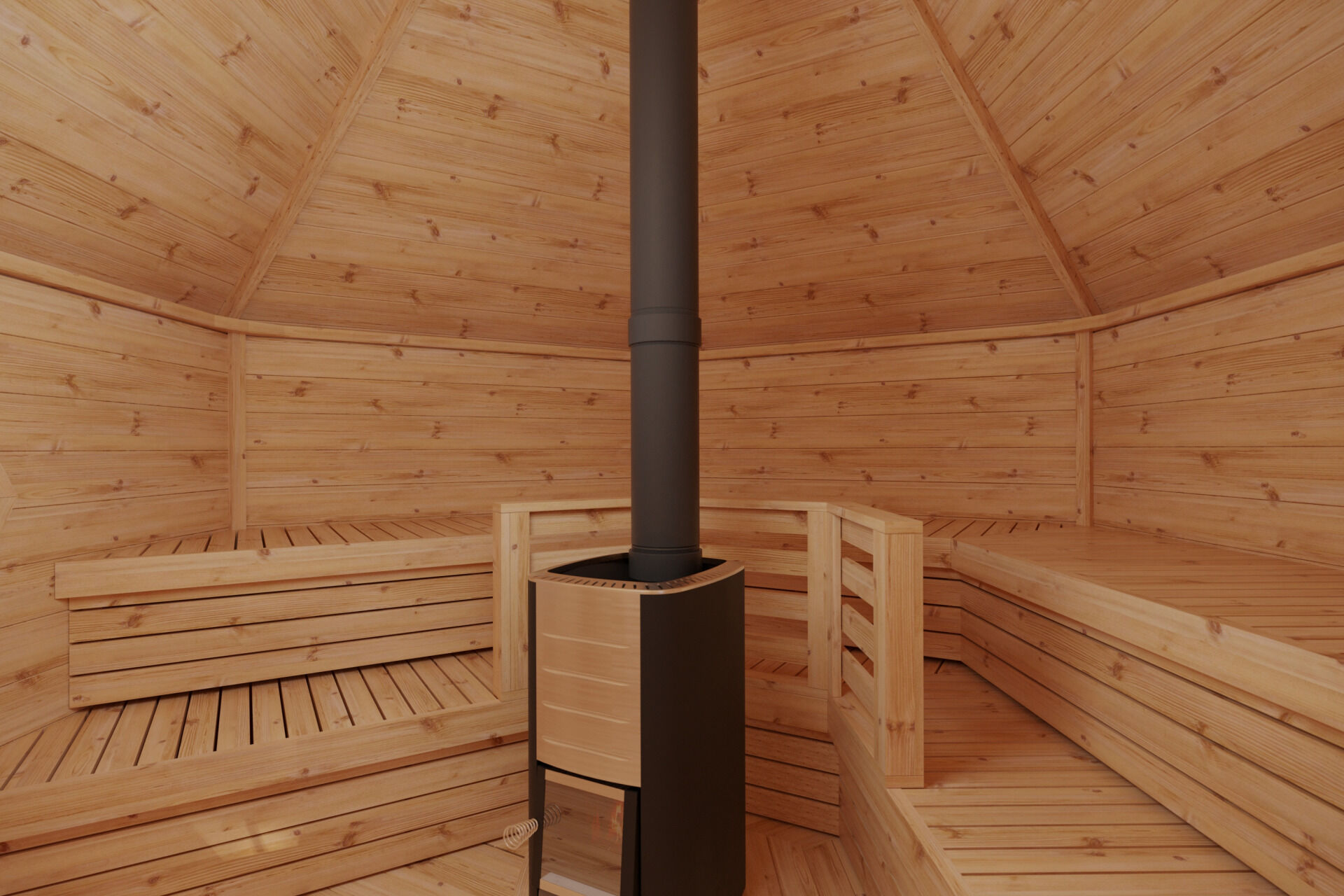 Finn Art Saunakota Elegance 9,2 m² Innenansicht mit Bänken und Holzofen