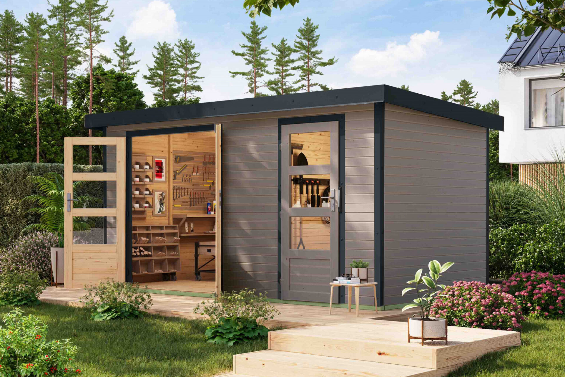 Karibu Pultdach Holz & Metall Gartenhaus Merkur, naturbelassen / graualuminium