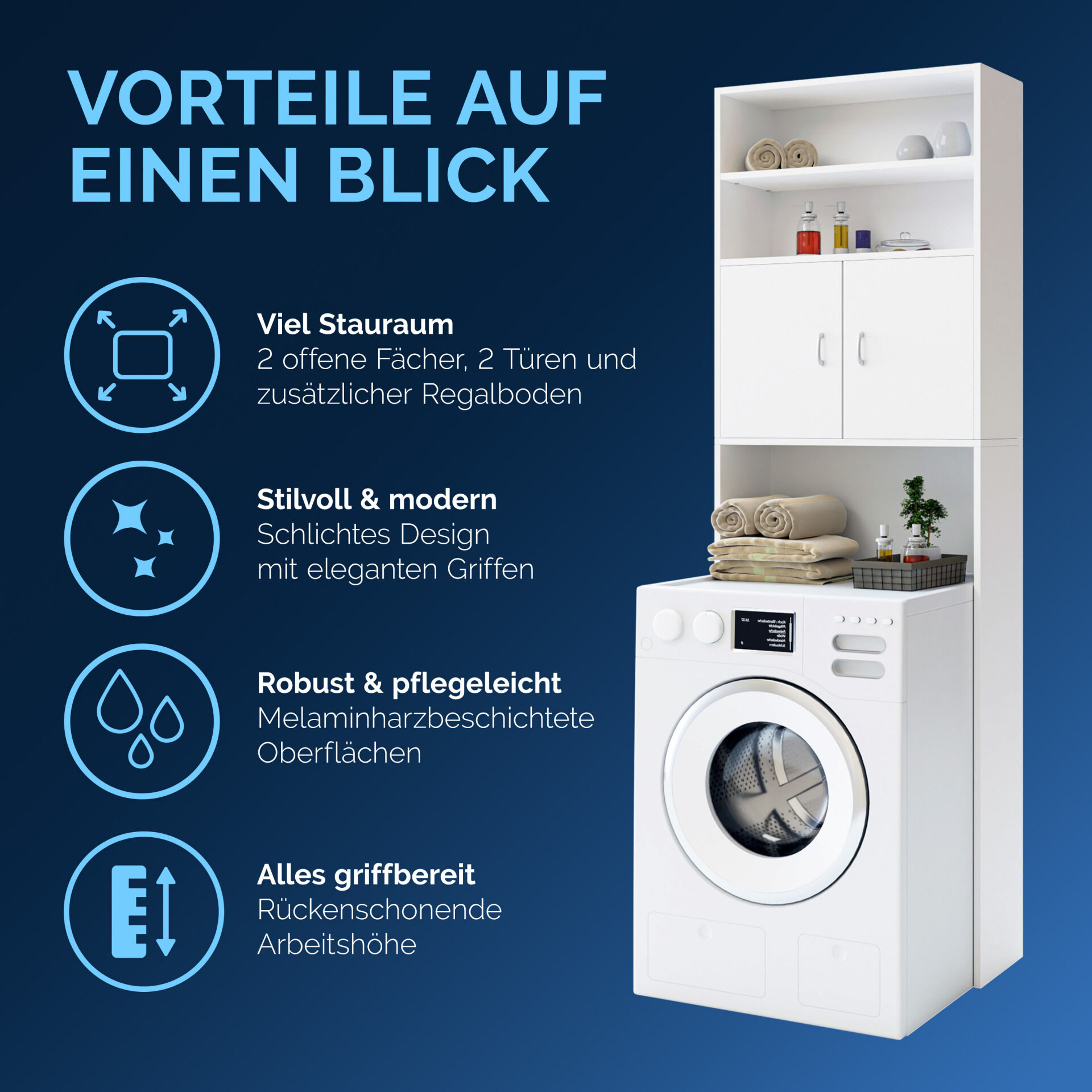Waschmaschinenschrank 185x63x20cm kompakt 3 Böden Magnettüren Weiß