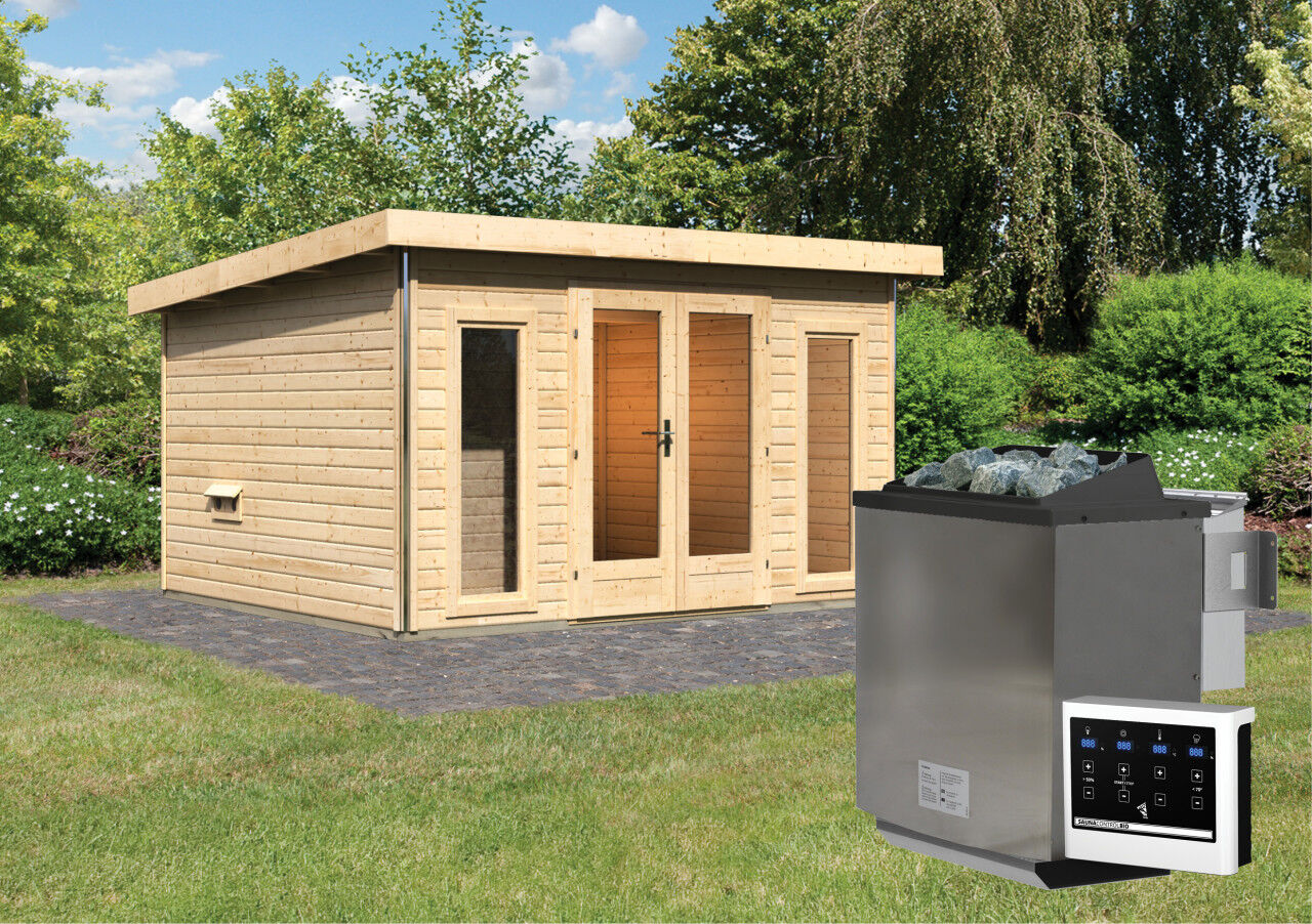 Saunahaus Mainburg 2 SET A naturbelassen mit Ofen 9 kW Bio ext. Strg.