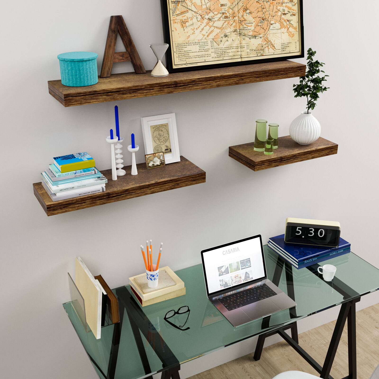 Wandregal Schweberegal 90cm Eiche dunkel + Halterung