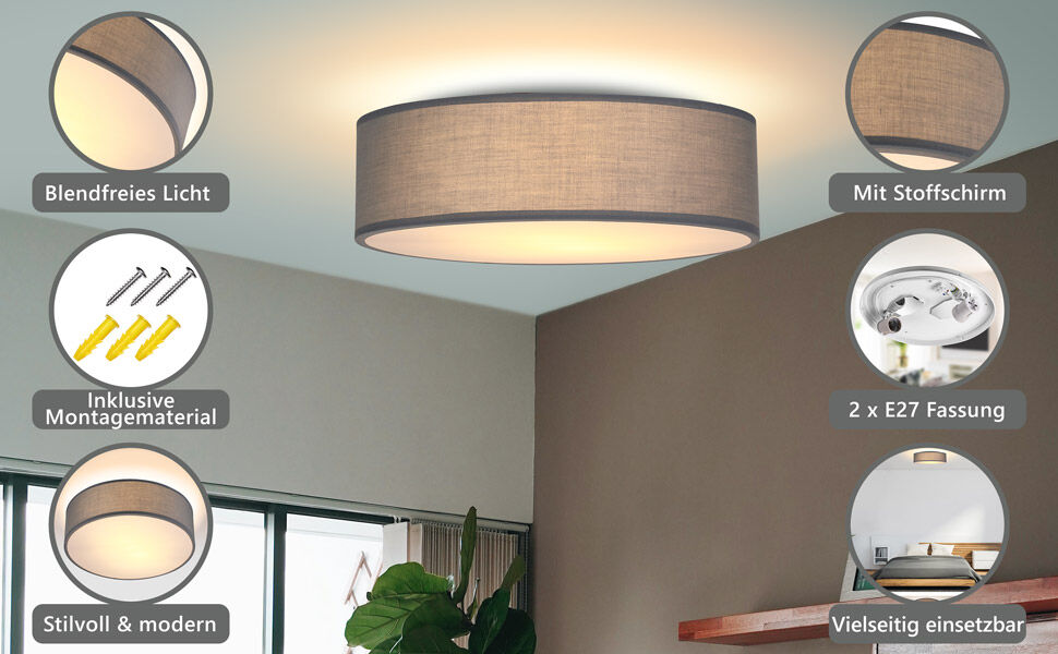 Deckenlampe Grau Stoff Ø38cm