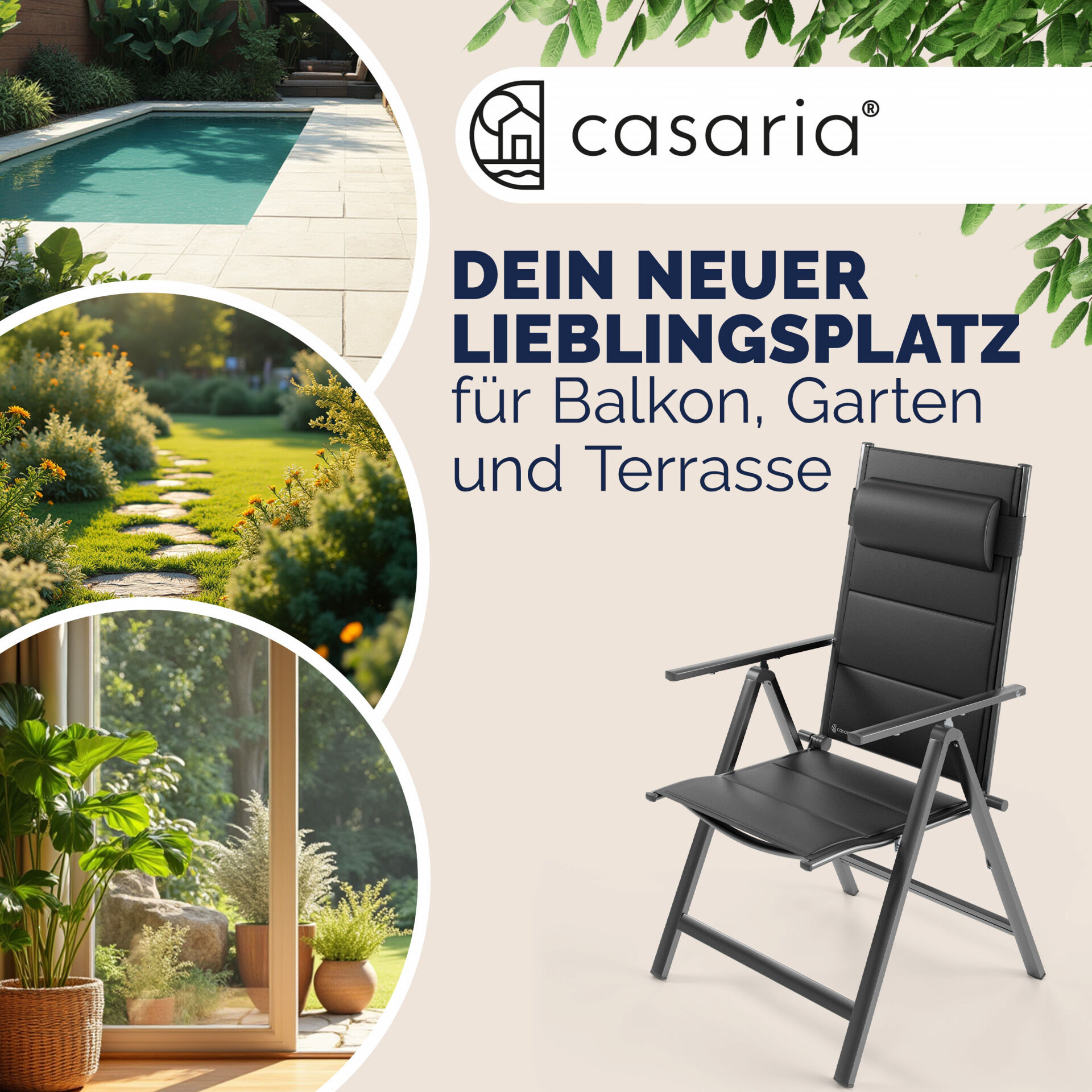 Gartenstuhl Hochlehner klappbar Bern Premium 2er-Set Anthrazit Alu gepolstert + verstellbar