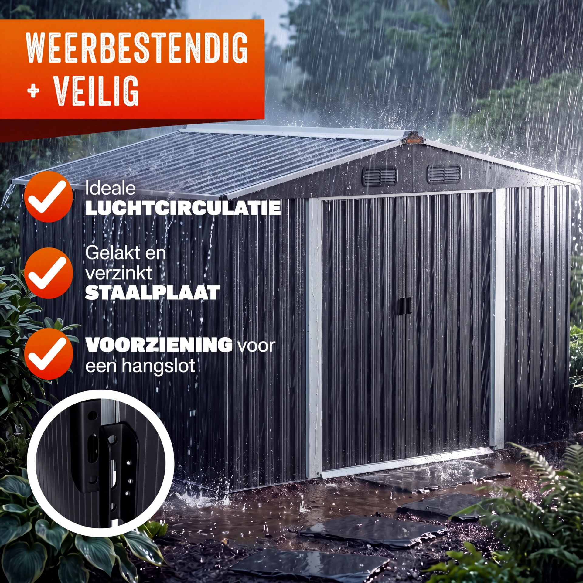 Geräteschuppen Anthrazit-Metallic 260x205x180cm verzinkt wetterfest mit Fundament und Haken