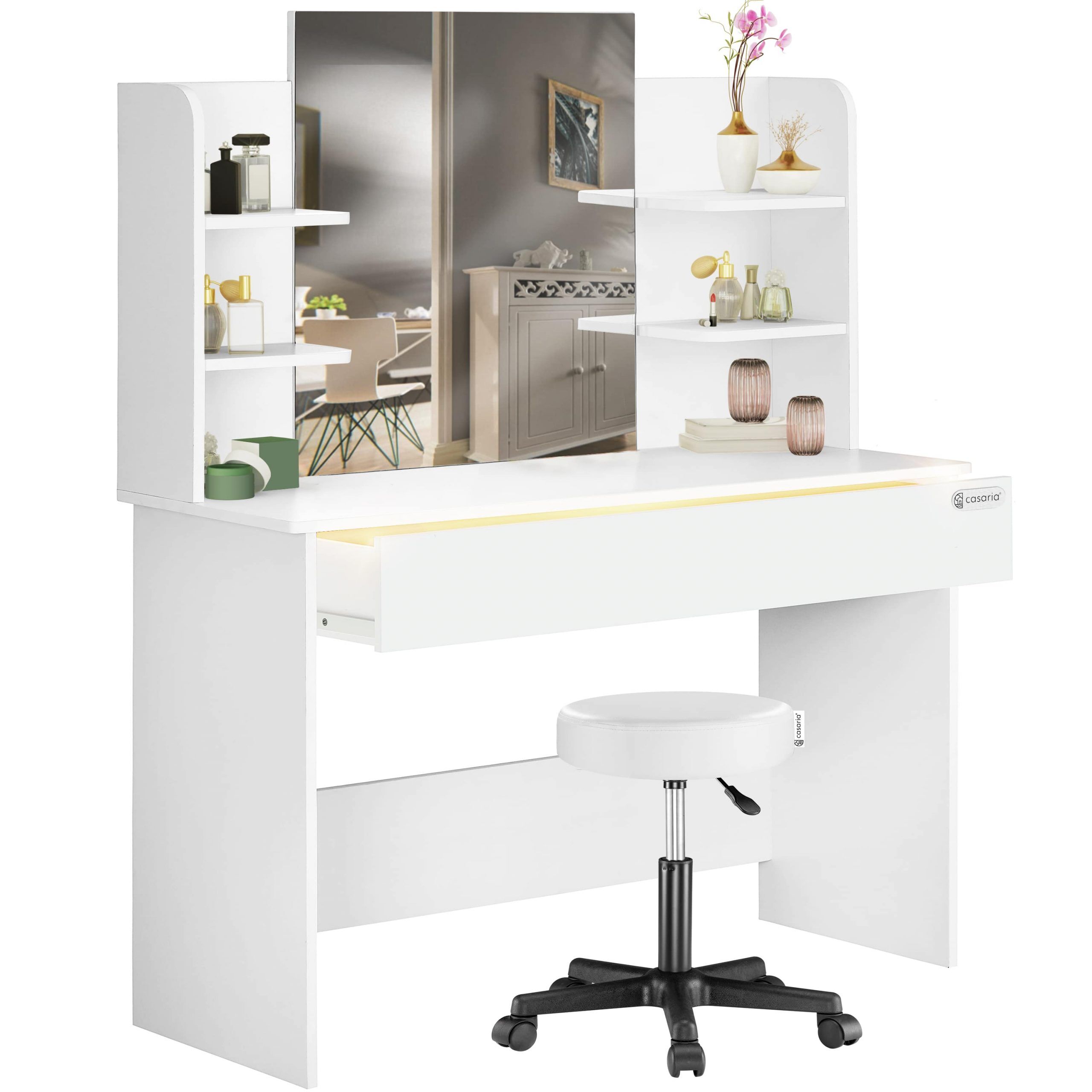 Schminktisch Lucia Weiß 140x110x40cm mit Rollhocker