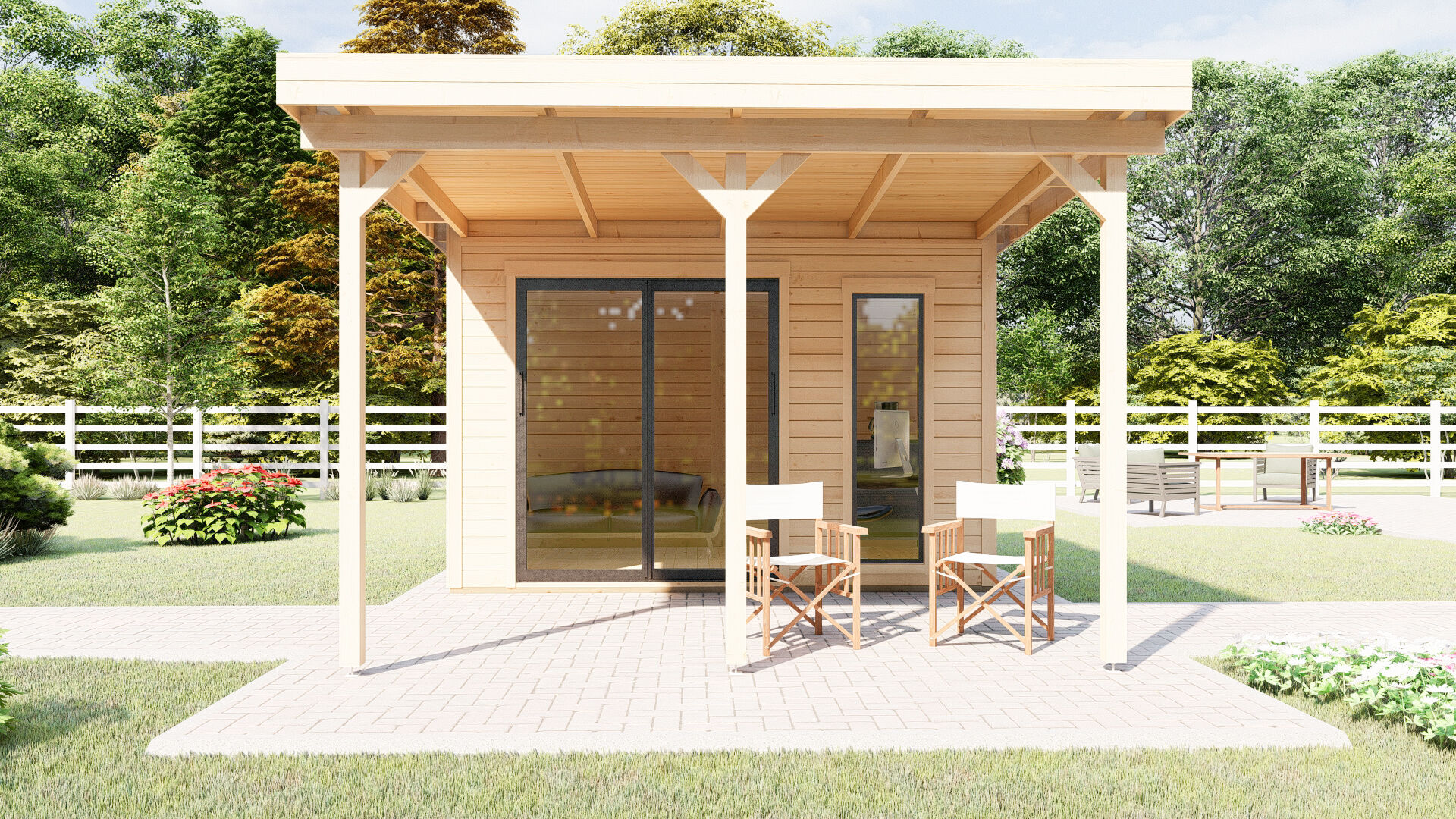 Flachdach Holz Gartenhaus Sydney 53 mit Schiebetür und Terrasse