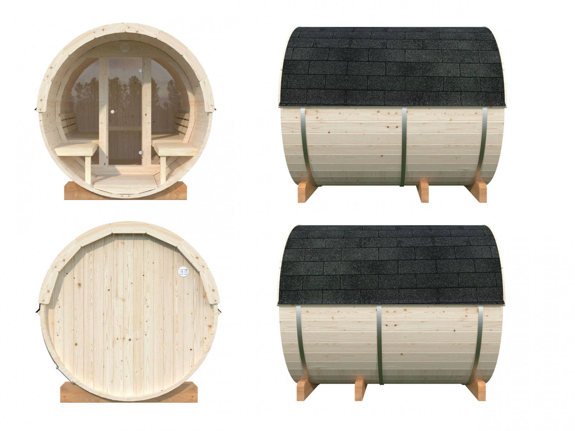 Palmako Saunafass Anita 1,3+0,7 m² mit Glasfront, Ansichten von Vorne, Seiten und Hinten