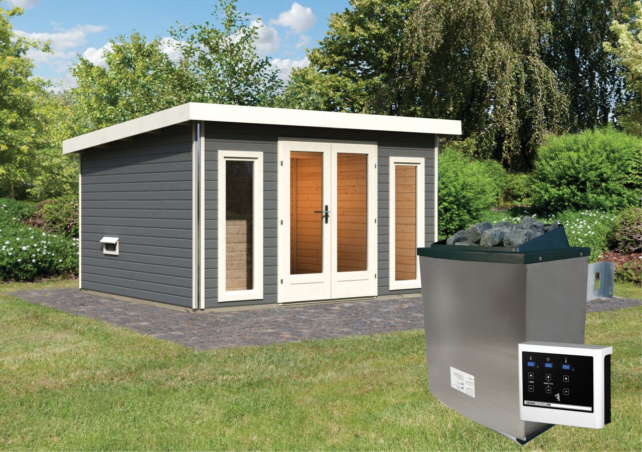 Saunahaus Mainburg 2 SET A terragrau mit Ofen 9 kW ext. Strg.