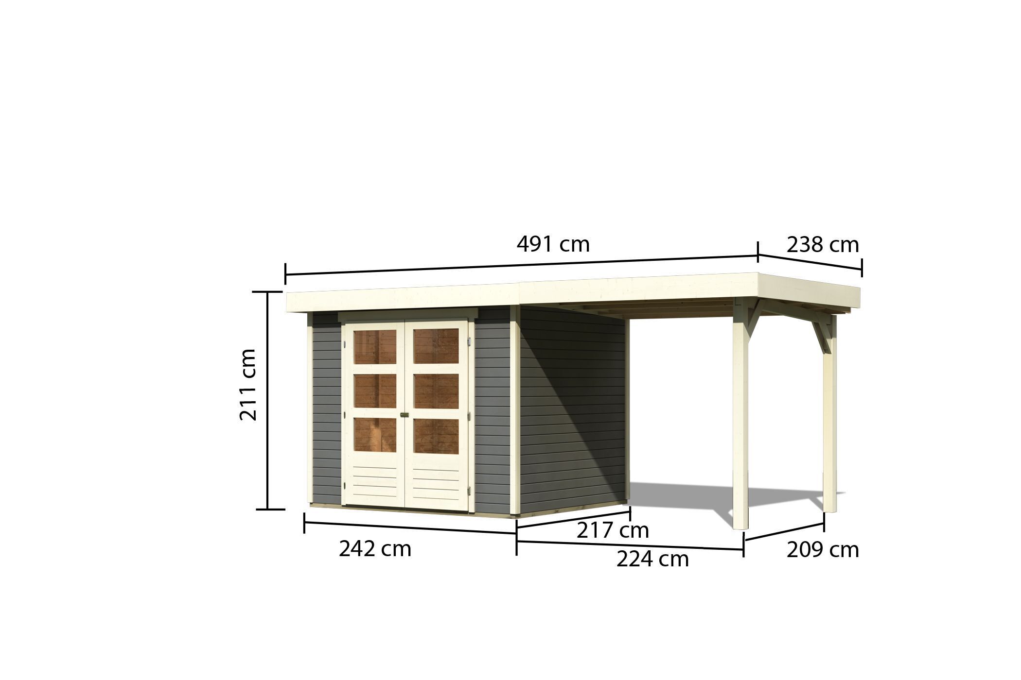 Karibu Gartenhaus Askola 3 SET – mit Anbaudach 2,4 m Breite, naturbelassen
