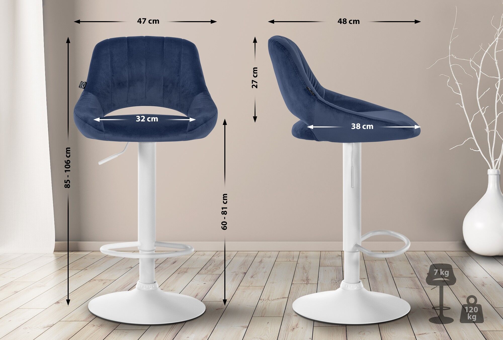 2er Set Barhocker Milet Samt W, blau