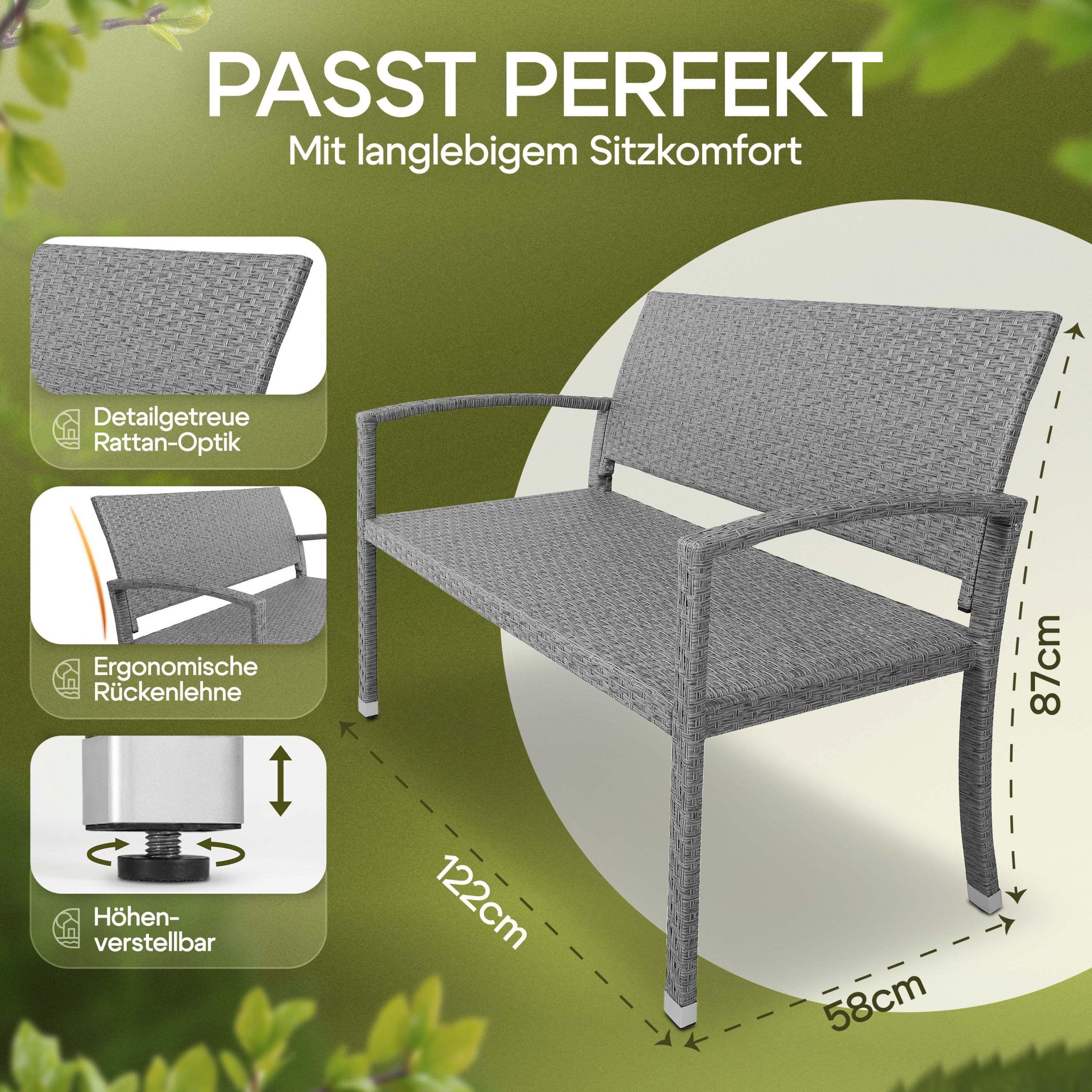Polyrattan Gartenbank Grau 122x58x87cm