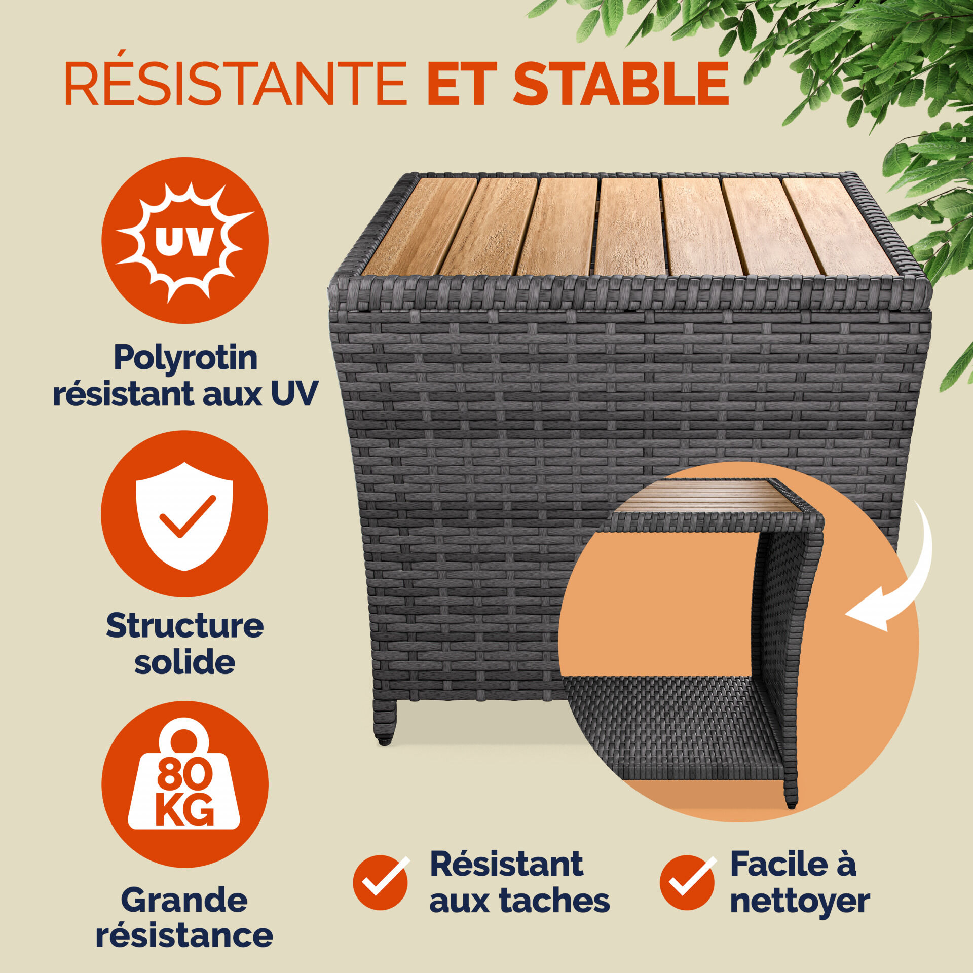 Polyrattan Beistelltisch Grau 40x45x45cm Akazienholz
