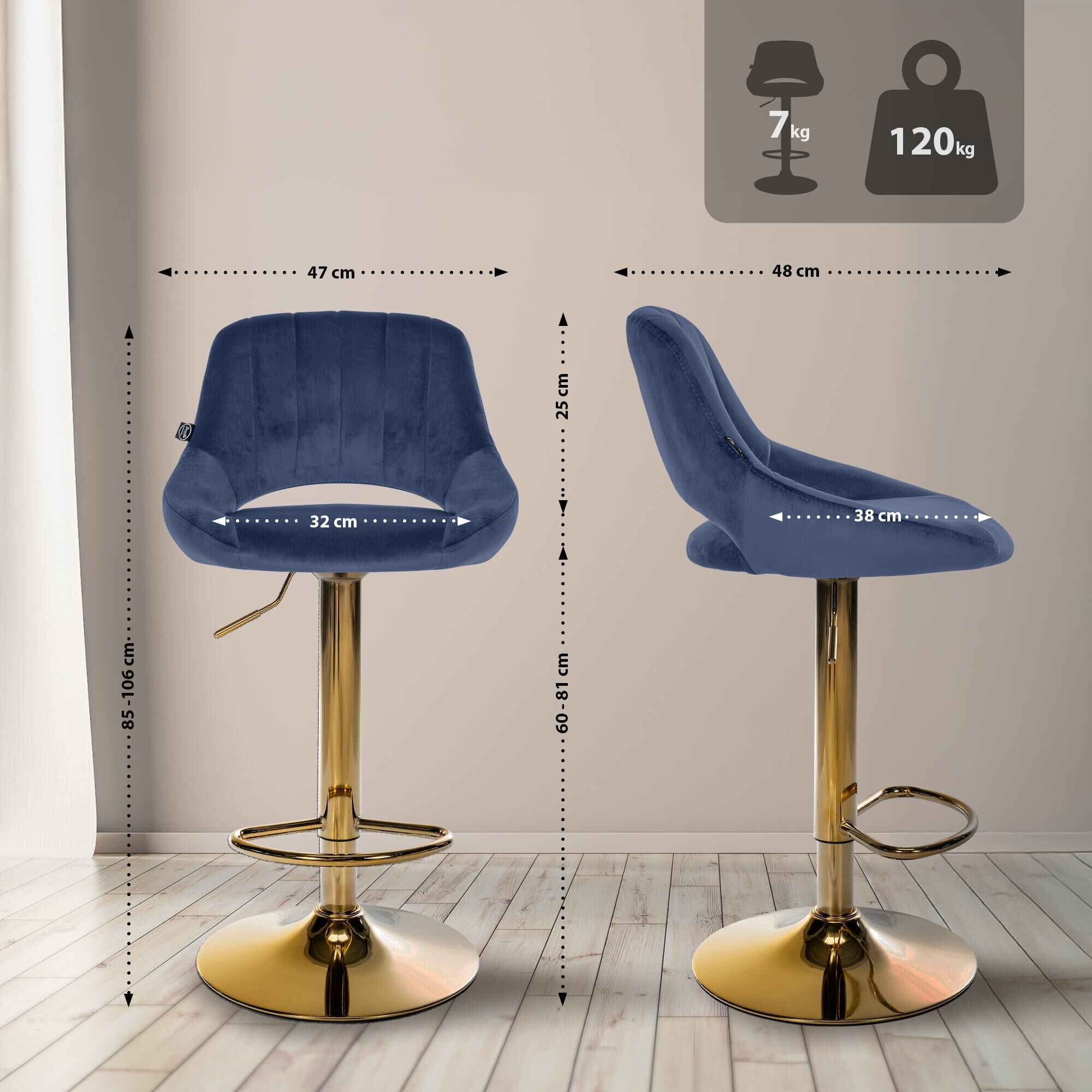 Barhocker Milet Samt gold, blau