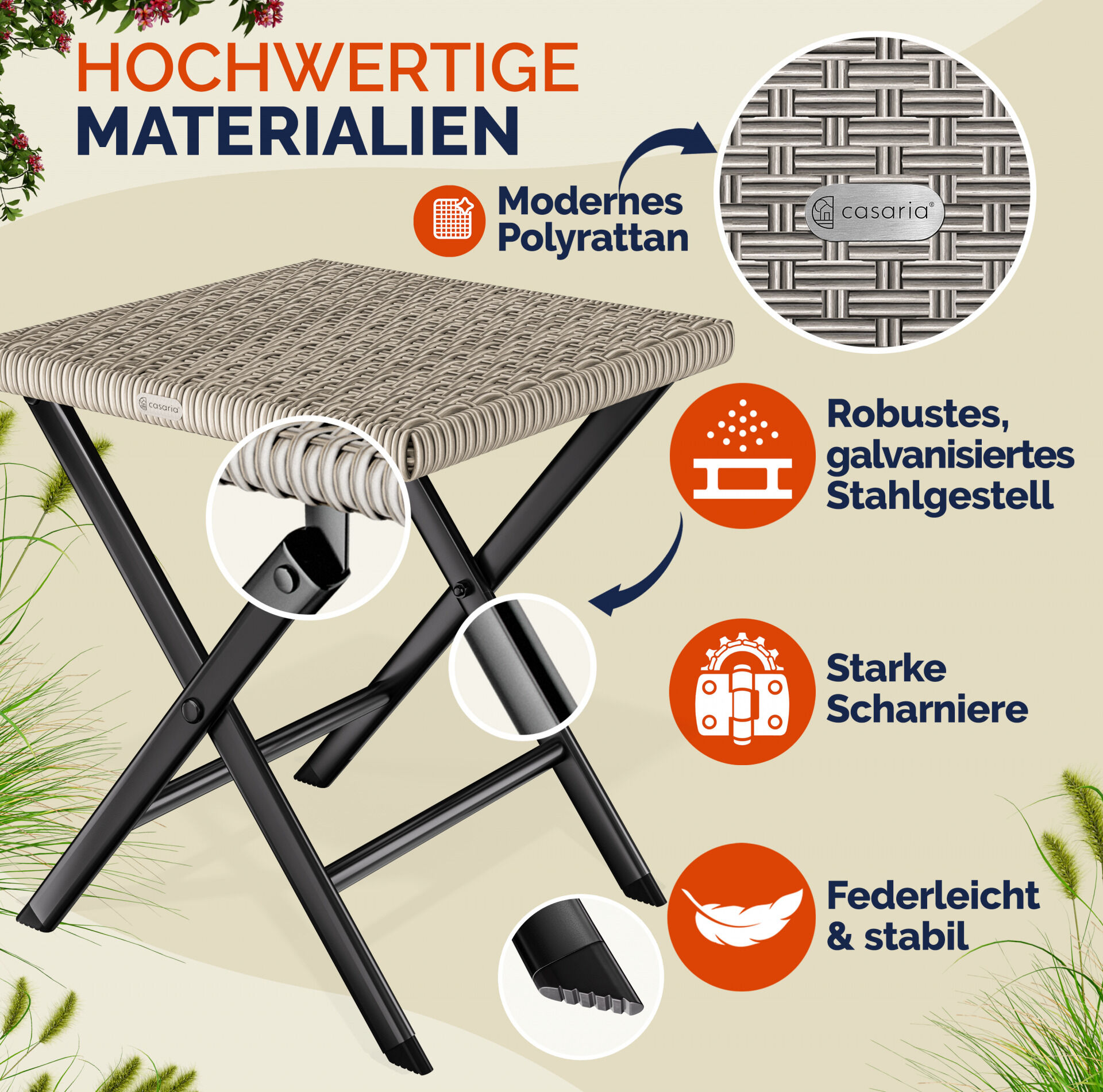 Polyrattan Klapphocker Creme 3in1 120kg Belastbarkeit 43x40x44cm klappbar leicht tragbar außen wetterfest