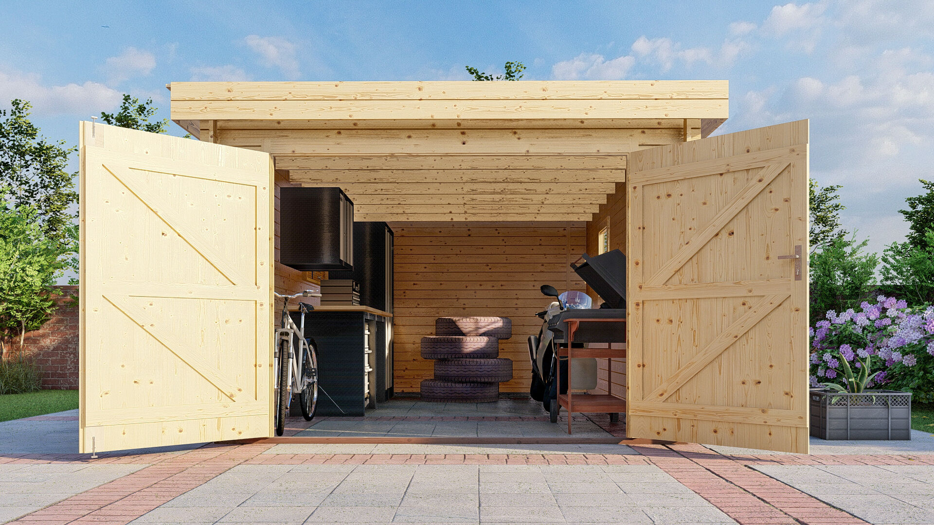 Flachdach Holzgarage Schweden 50 – 28 mm Blockbohlen Garage mit Holztor