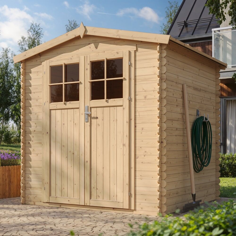 Gartenhaus Paul M343F frontale und seitliche Ansicht rechts mit Ambiente