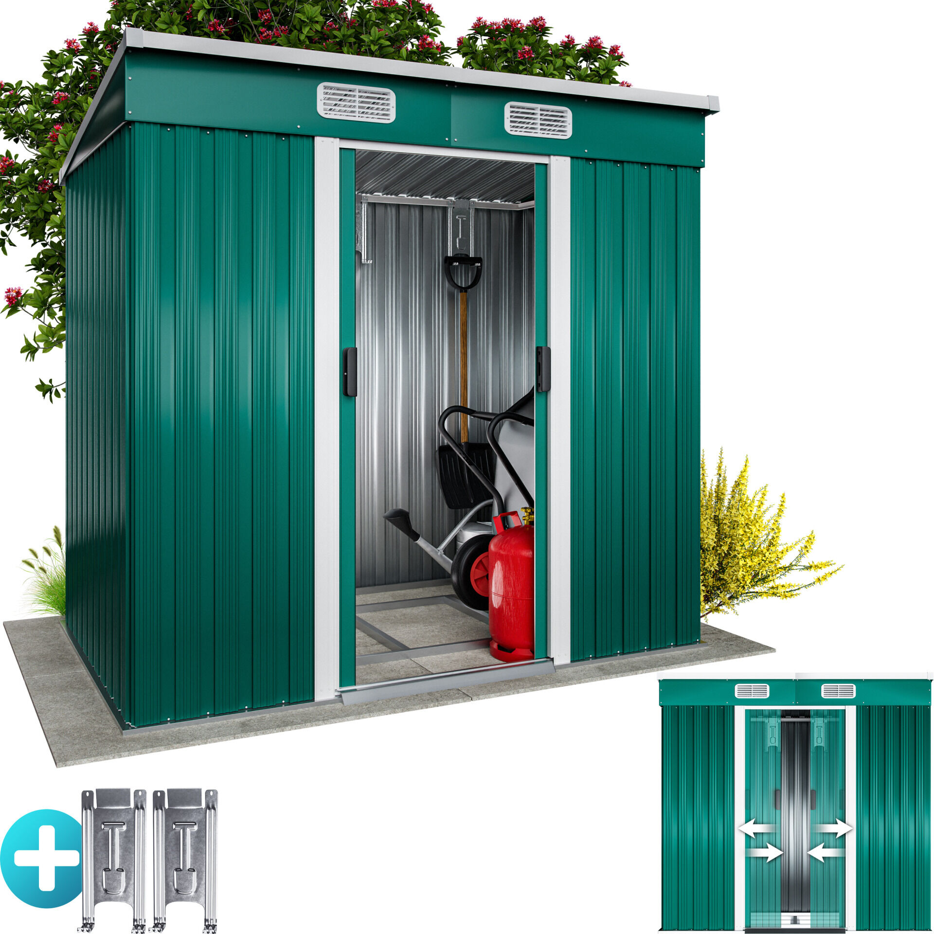 Geräteschuppen Grün 200x125x180cm 2m² Stauraum verzinkt Schiebetür 4 Haken
