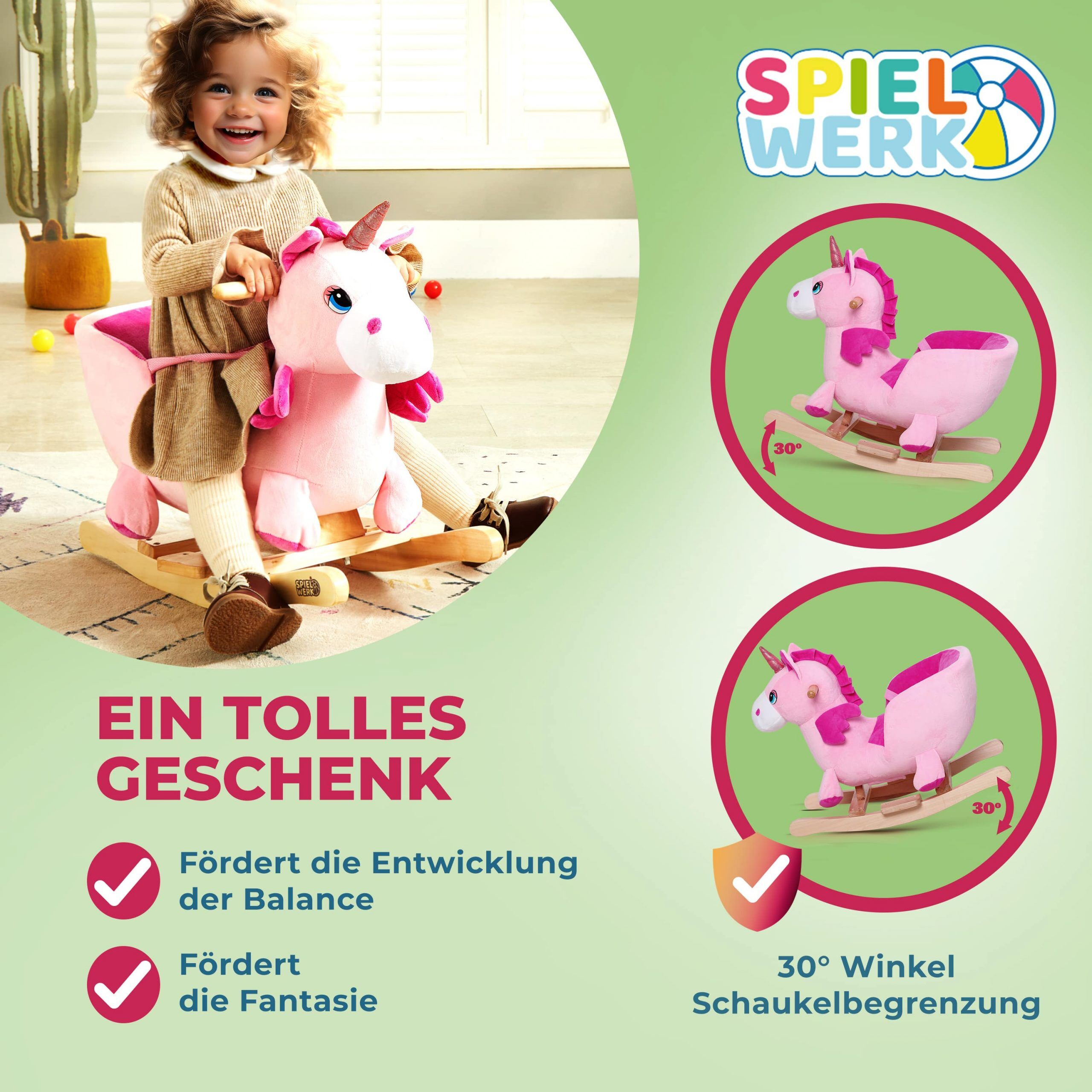 Schaukeltier Einhorn Rosa mit Sicherheitsgurt