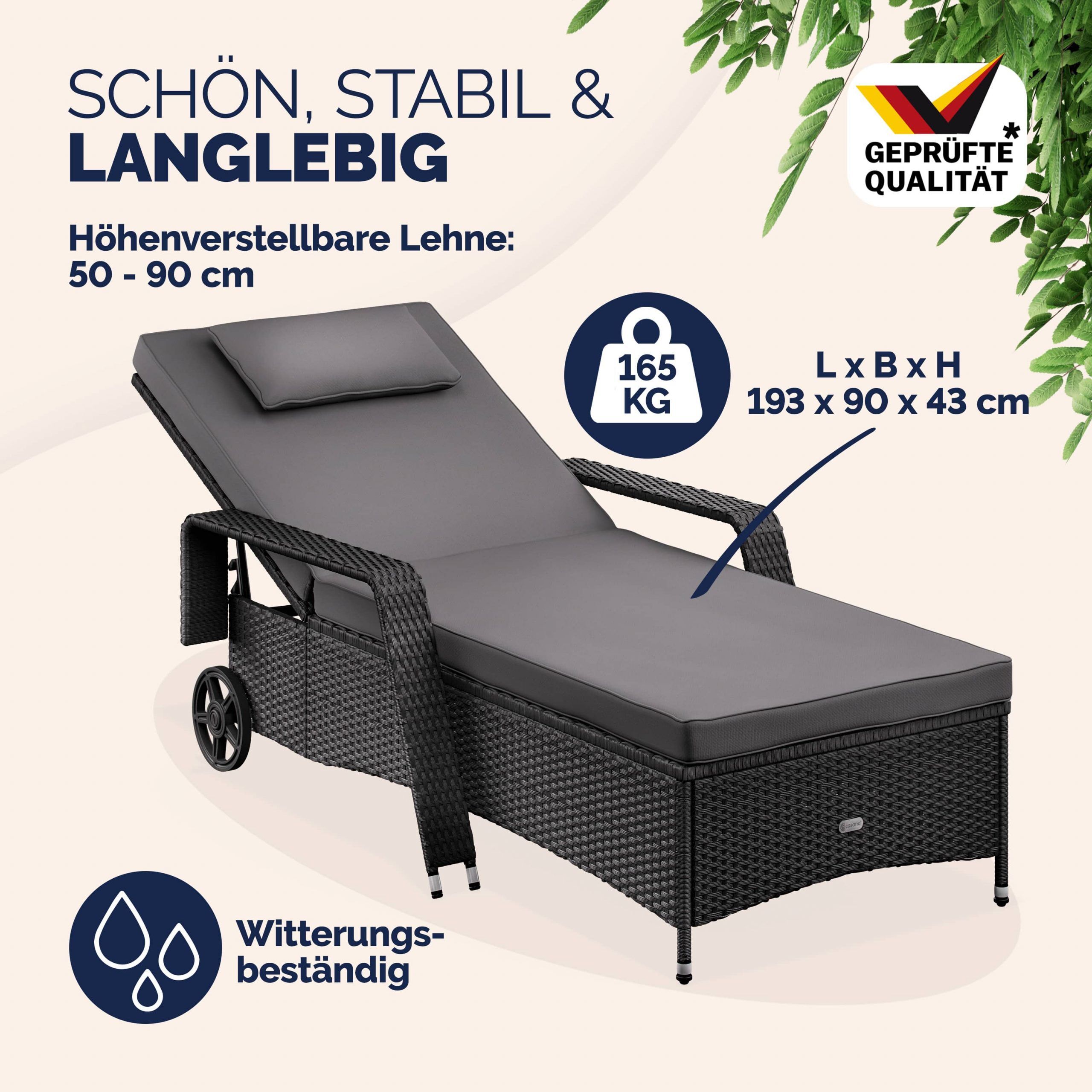 Polyrattan Gartenliege Schwarz/Anthrazit 193x90x43cm