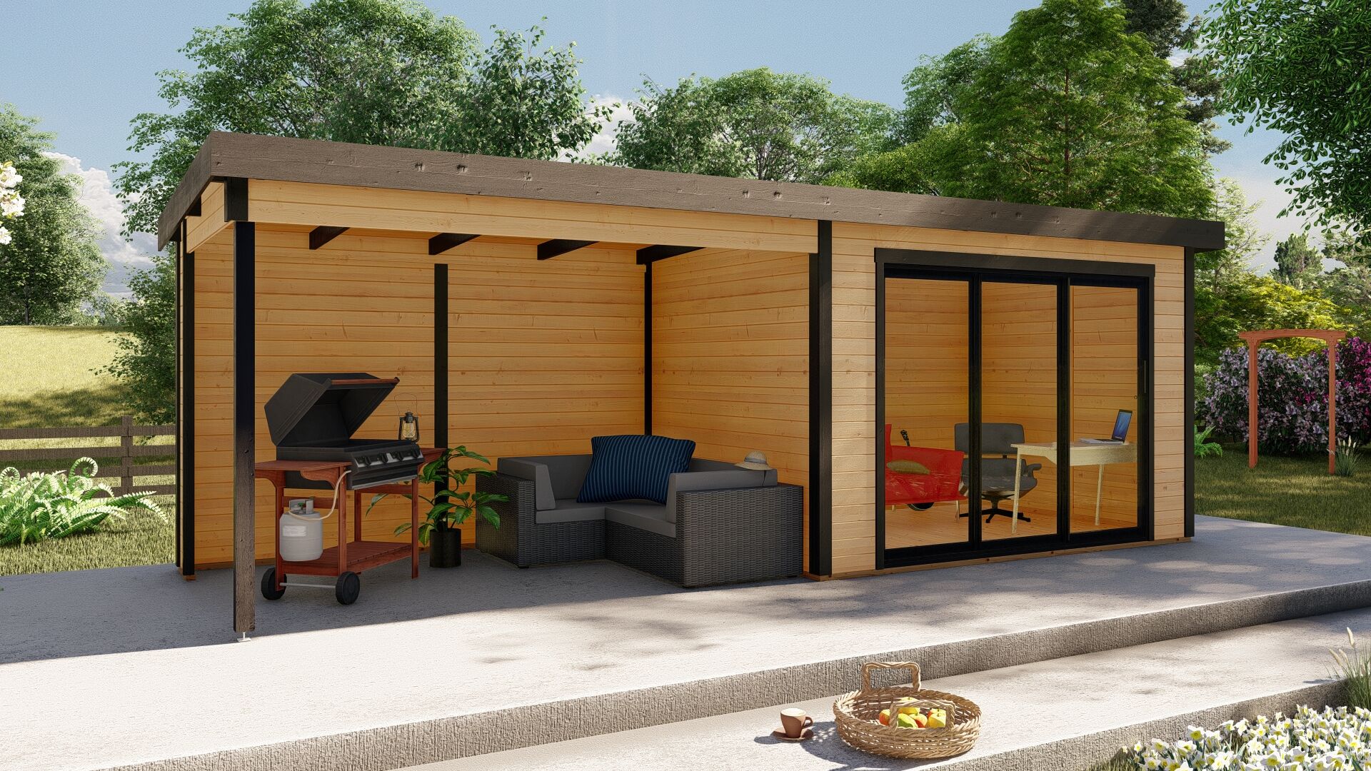 Flachdach Gartenhaus aus Holz Sydney 55 mit Schiebetür und Schleppdach