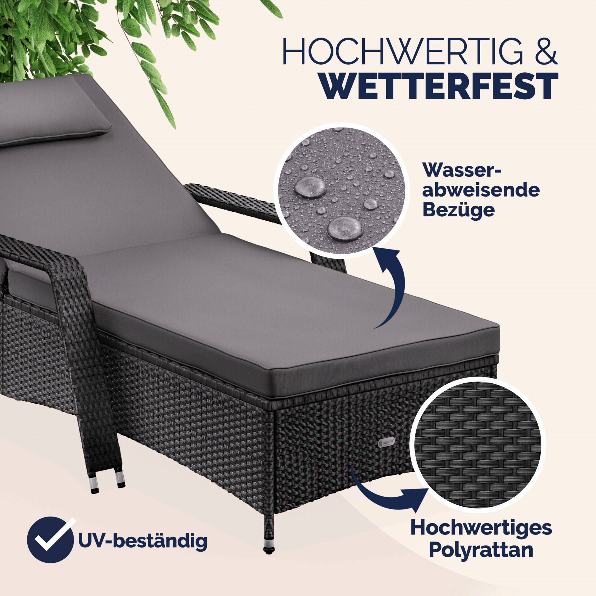 Polyrattan Gartenliege Schwarz/Anthrazit 193x90x43cm