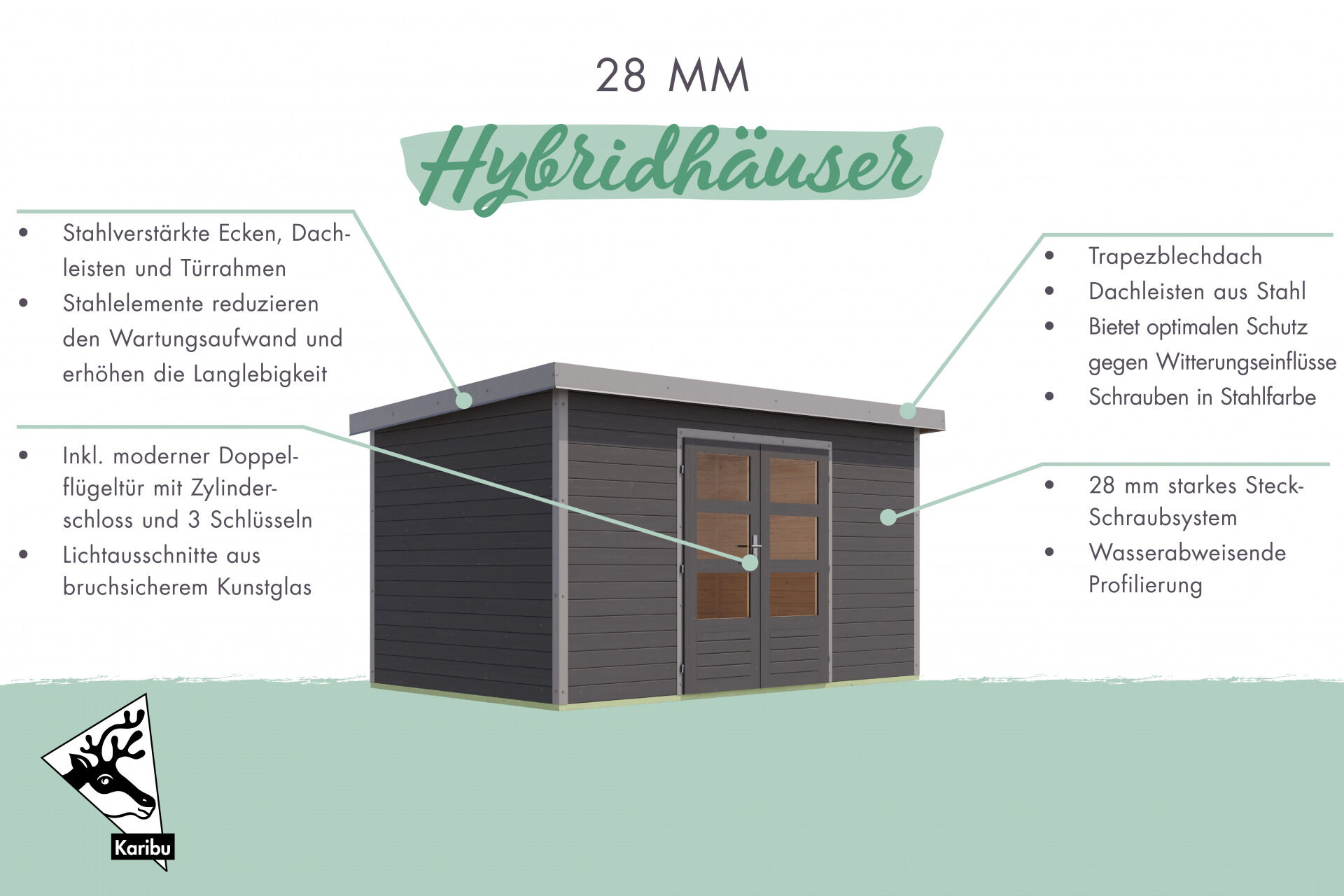 Karibu Pultdach Holz & Metall Gartenhaus Pluto 6, naturbelassen / graualuminium