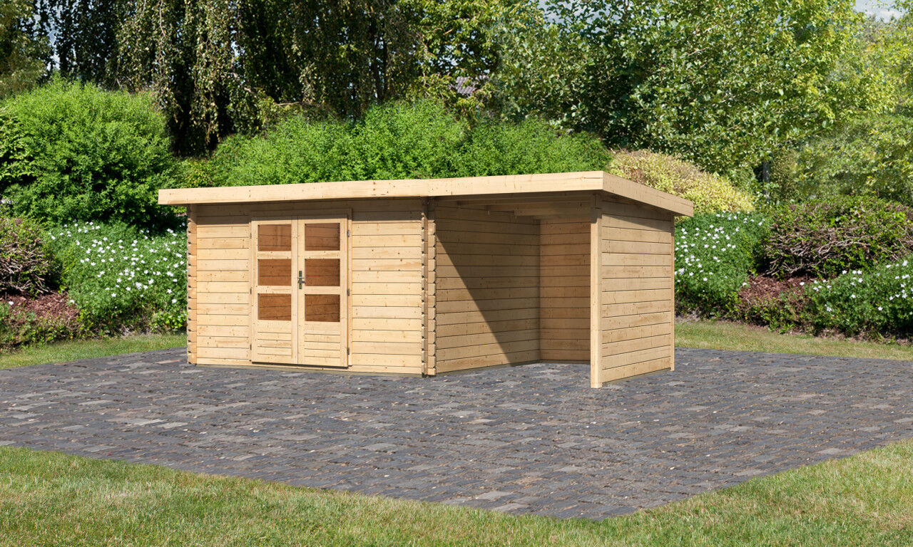 Pultdach Gartenhaus Bastrup 7 im Set mit Anbaudach 2 m breit, 28 mm Seiten - und Rückwand natur