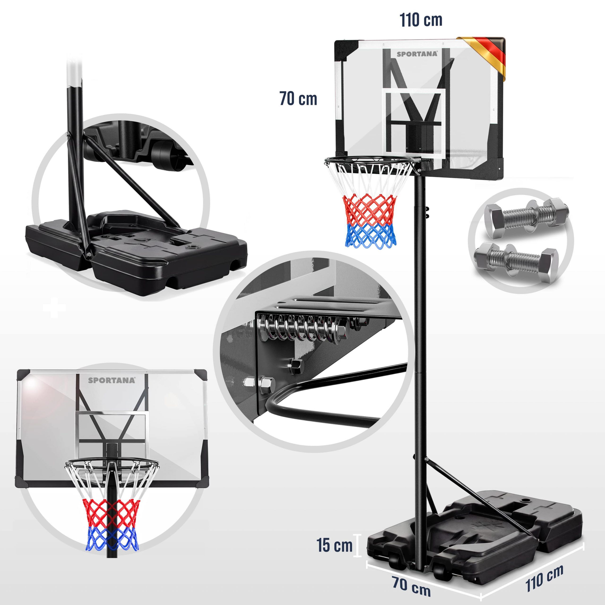Basketballkorb Outdoor höhenverstellbar 135 –305 cm stabil wetterfest mit Ständer 60 kg Sockel Rollen