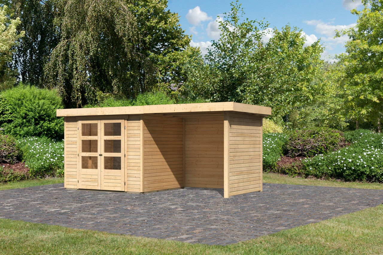 Flachdach Gartenhaus Askola 3 im Set mit Anbaudach 2,40 m und 19 mm Seiten- Rückwand natur