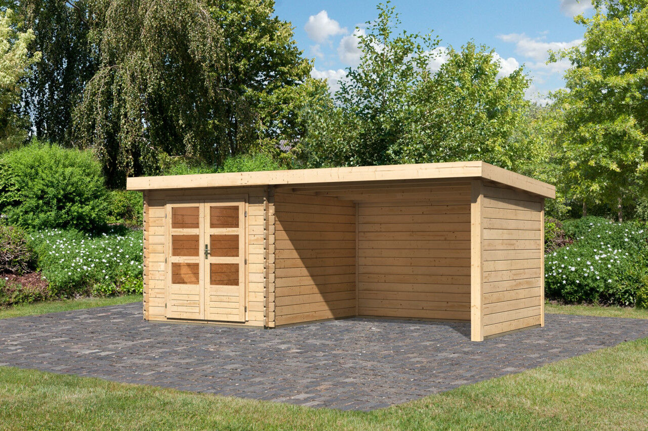 Pultdach Gartenhaus Bastrup 4 im Set mit Anbaudach 3 m breit, 28 mm Seiten - und Rückwand natur