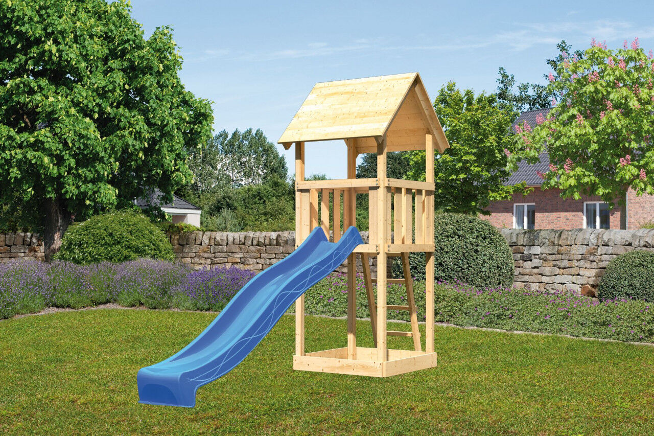 Kinderspielturm Lotti Satteldach SET natur mit Rutsche blau
