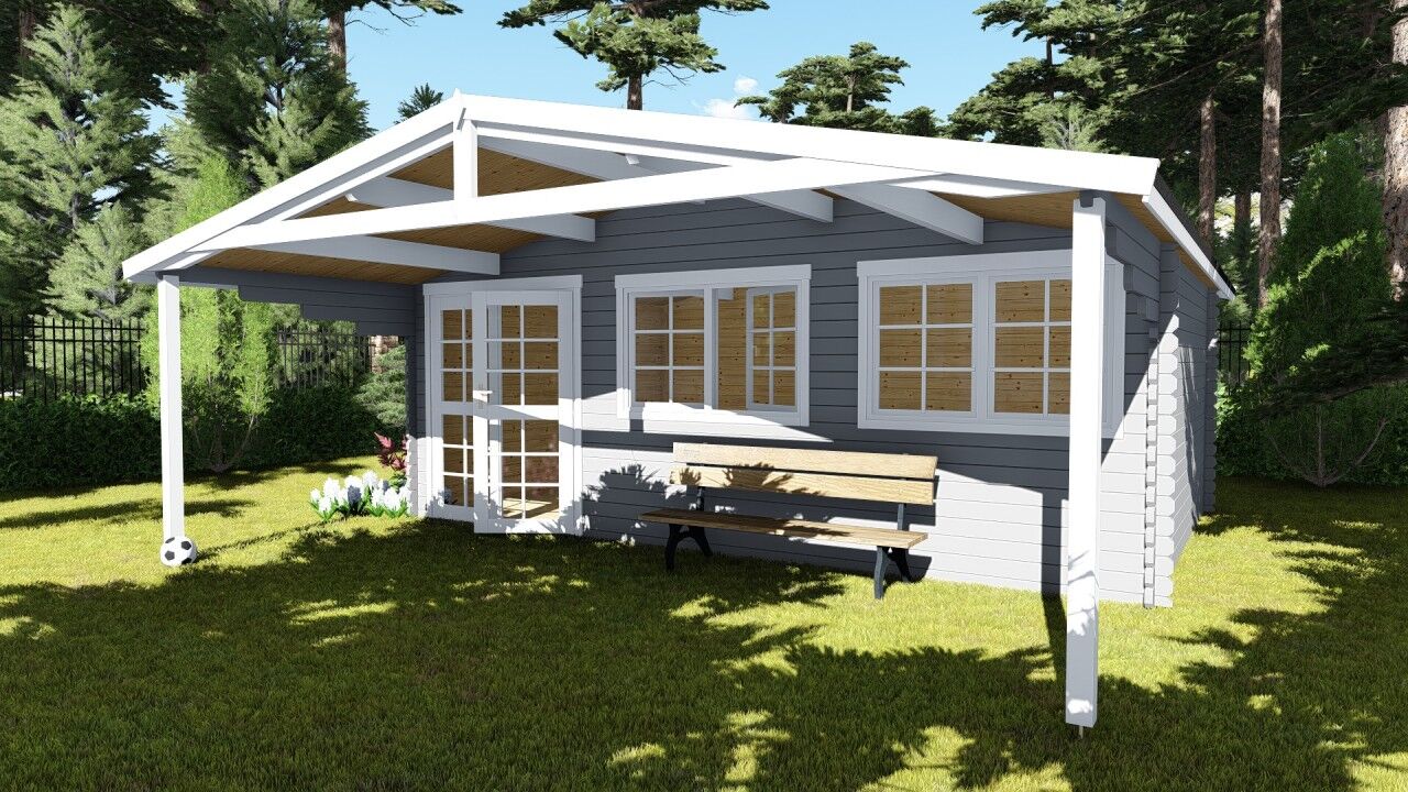 Gartenhaus Norwegen 11 – 6×4 m Holz-Blockhaus mit XXL-Vordach
