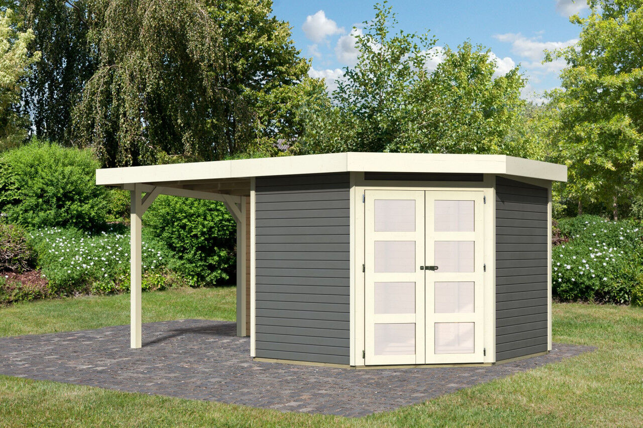 Karibu Flachdach Gartenhaus Goldendorf 5 im Set mit Anbaudach 2,40 m und 19 mm Rückwand terragrau