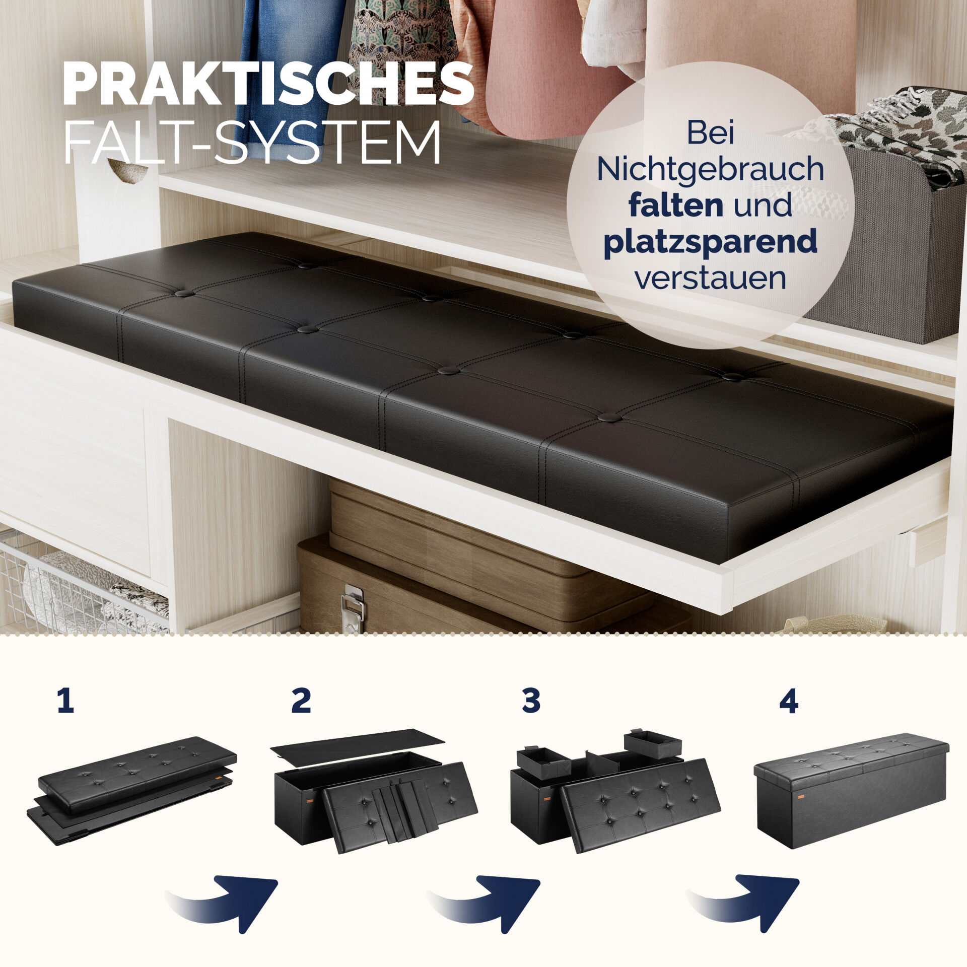 Sitzbank Schwarz 115x38x38cm mit Stauraum faltbar