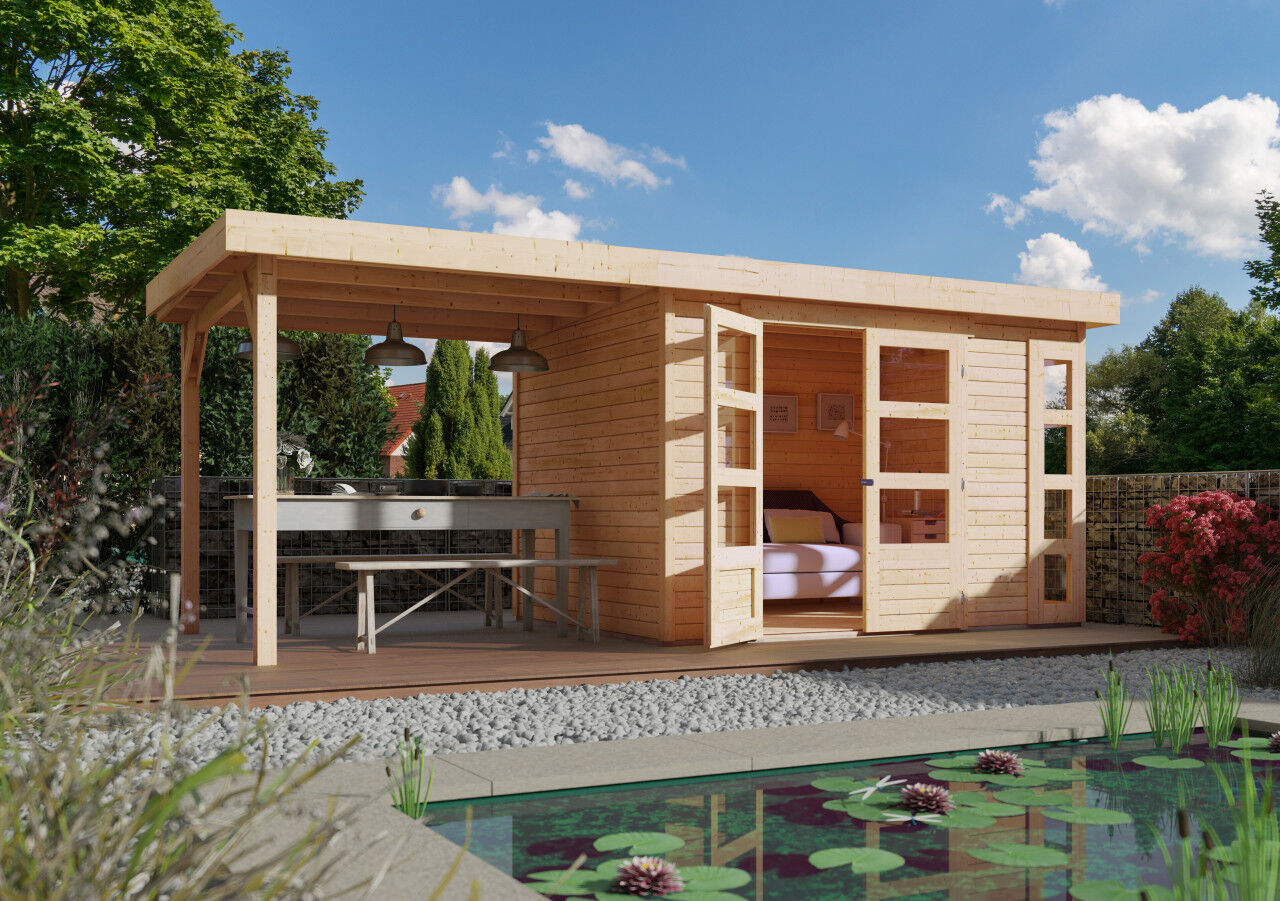 Flachdach Gartenhaus Kerko 4 im Set mit Anbaudach 2,40 m natur