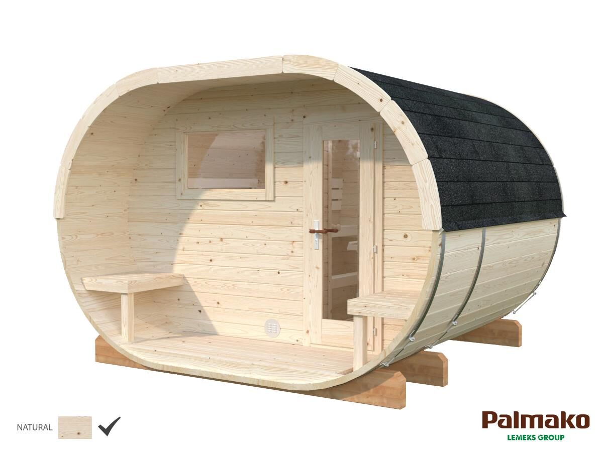 Palmako Fasssauna Anette, naturbelassen, Holztür mit Glaseinsatz, Fenster und Außenbänke, freigestellt