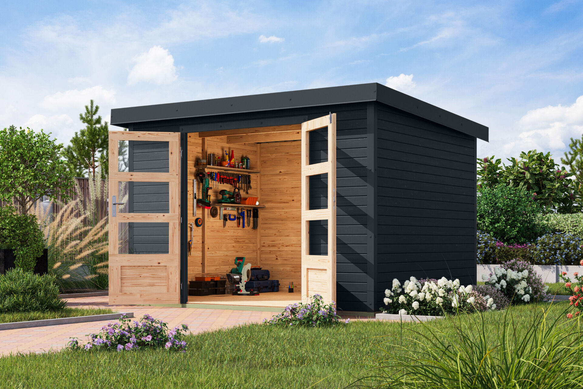 Karibu Pultdach Holz & Metall Gartenhaus Jupiter 5, naturbelassen / graualuminium