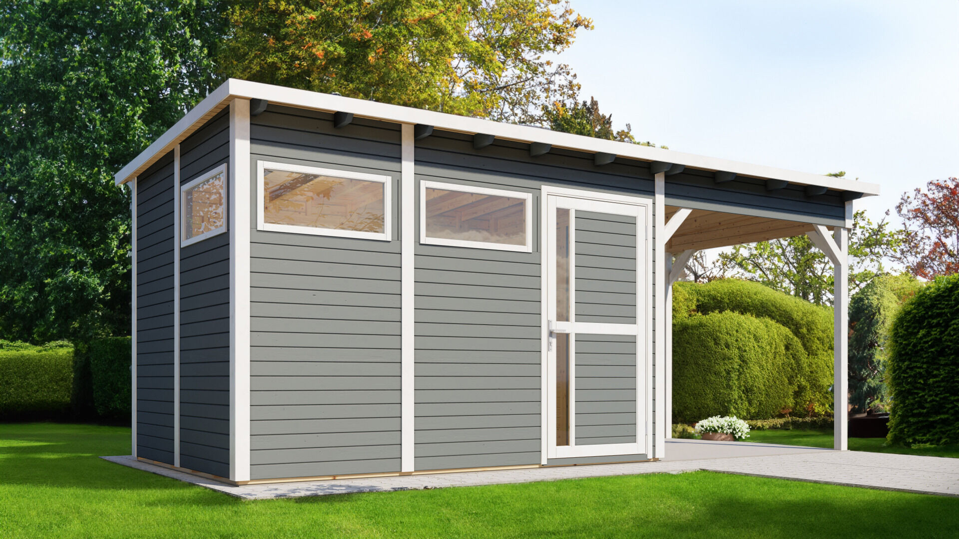 Gartenhaus Holz Pentus 3 Lounge hellgrau 558 x 234 cm