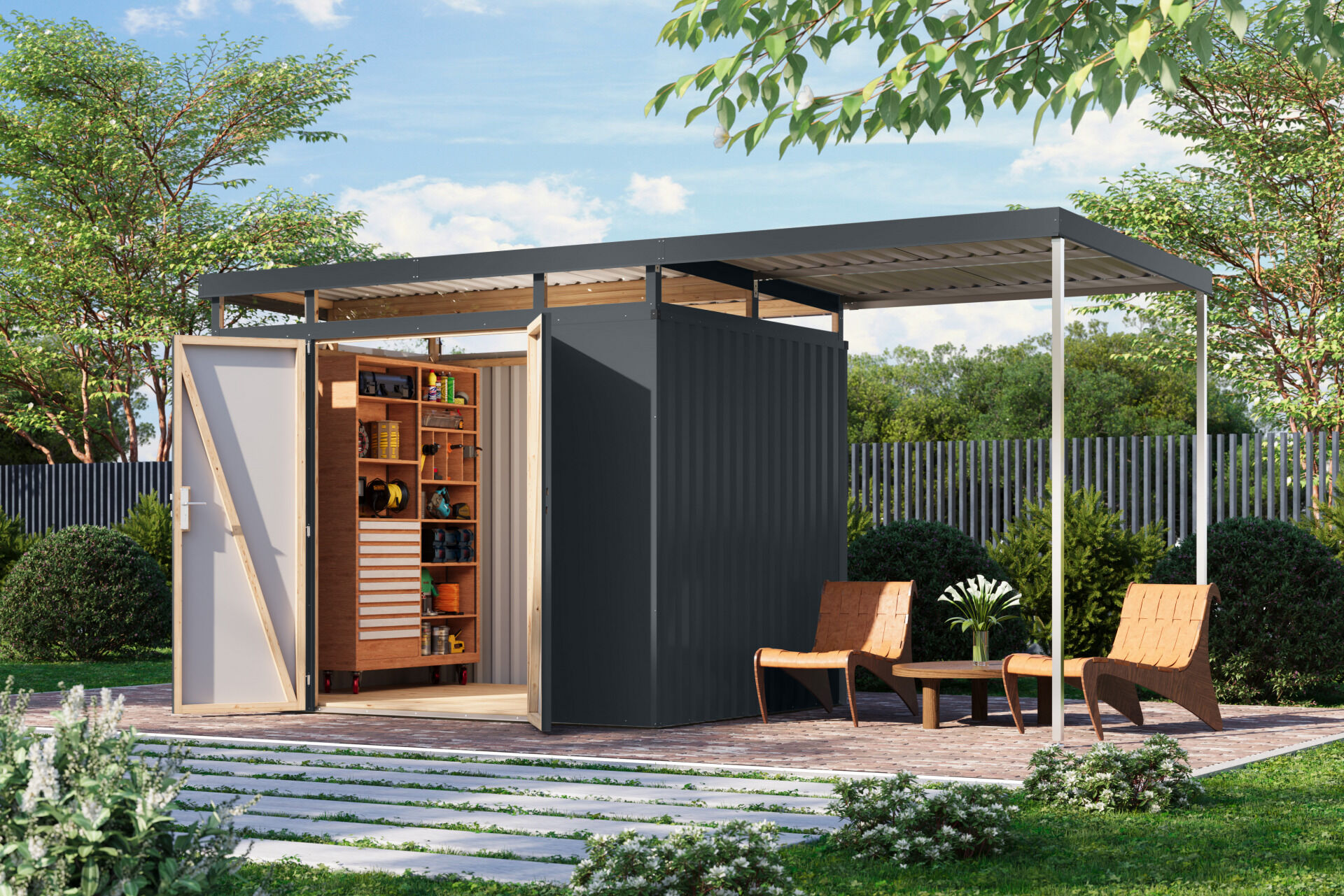Karibu Flachdach Metall Gartenhaus Aurum 3 Set mit Anbaudach 2m, graualuminium