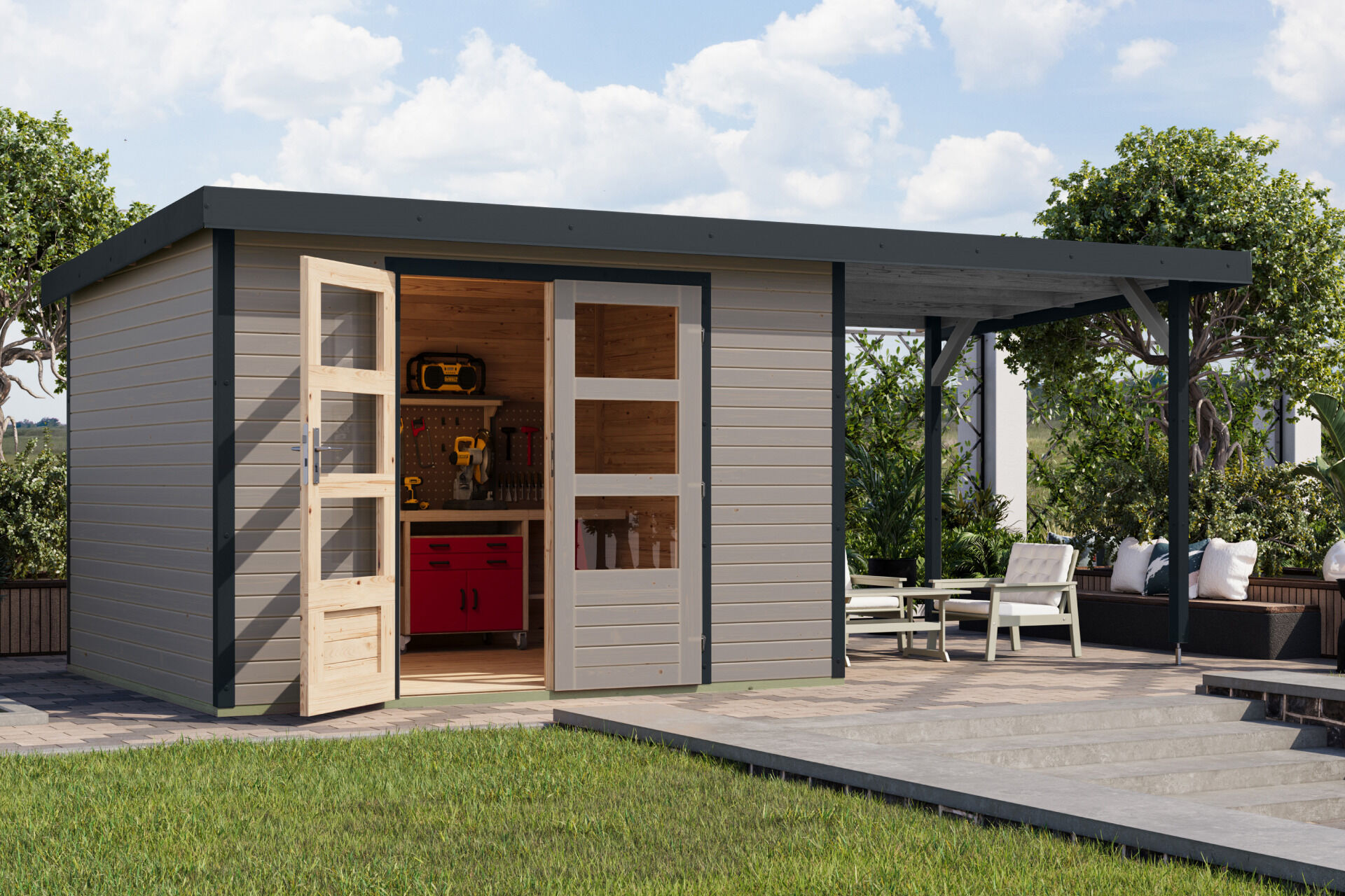 Karibu Pultdach Holz & Metall Gartenhaus Jupiter 5 Set mit Anbaudach 2,35 m, naturbelassen / graualuminium