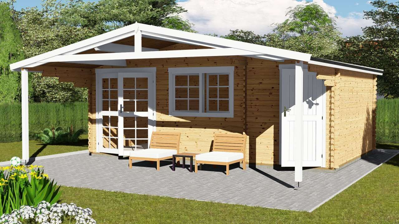Gartenhaus Norwegen 59 Holz-Blockhaus 600×500 cm mit großer Terrasse im Garten