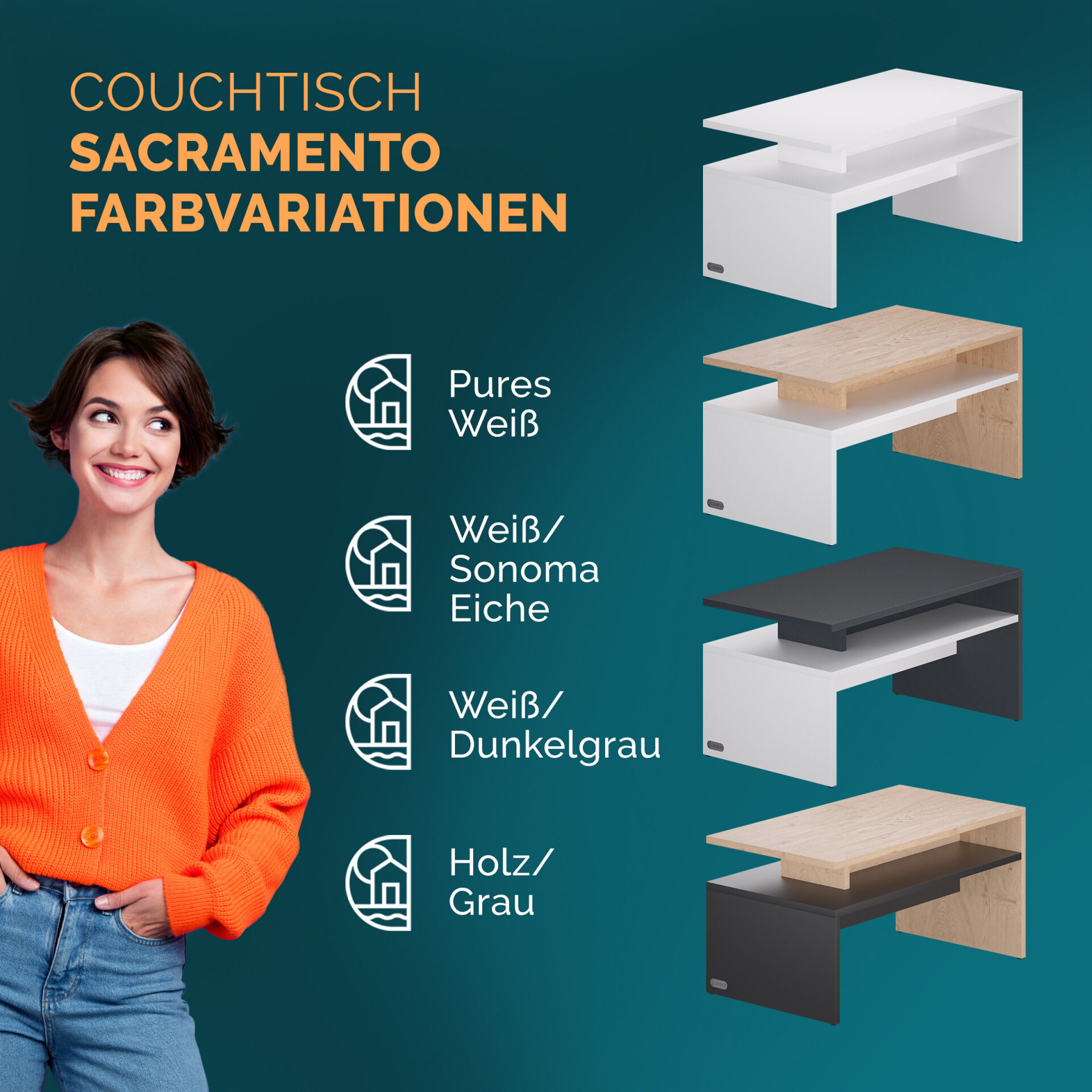 Couchtisch Sacramento Weiß 95x55x50cm