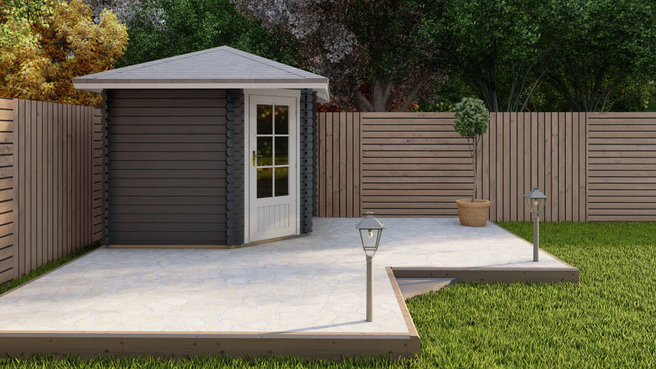 5-Eck Gartenhaus Schweden 42 – 28 mm Blockbohlen mit Einzeltür