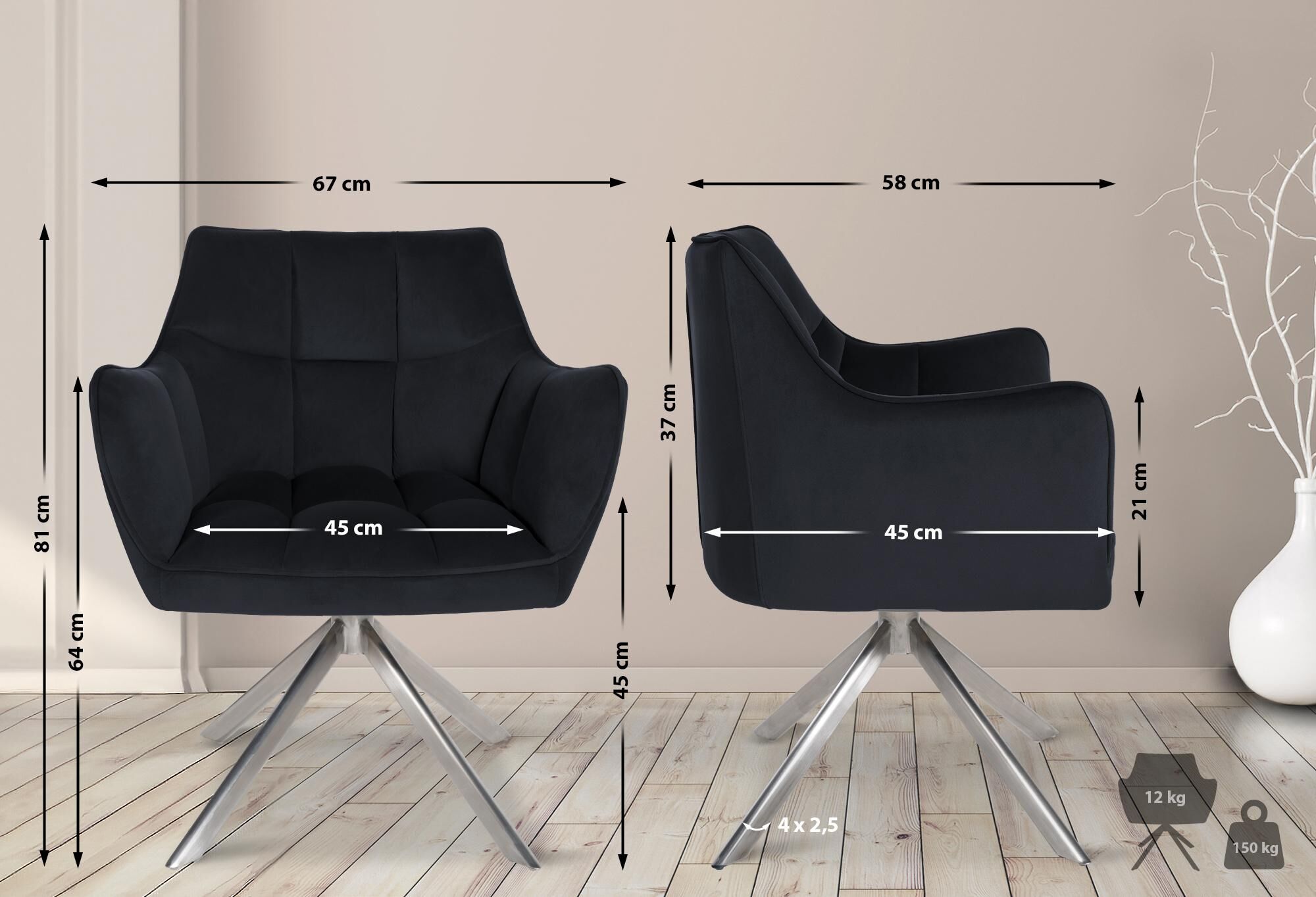 Esszimmerstuhl Swing Samt edelstahl, schwarz