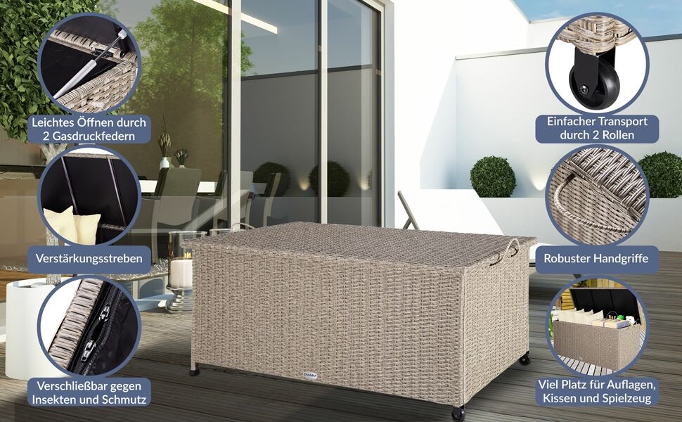 Polyrattan Auflagenbox Creme 117x53x60cm Rollen