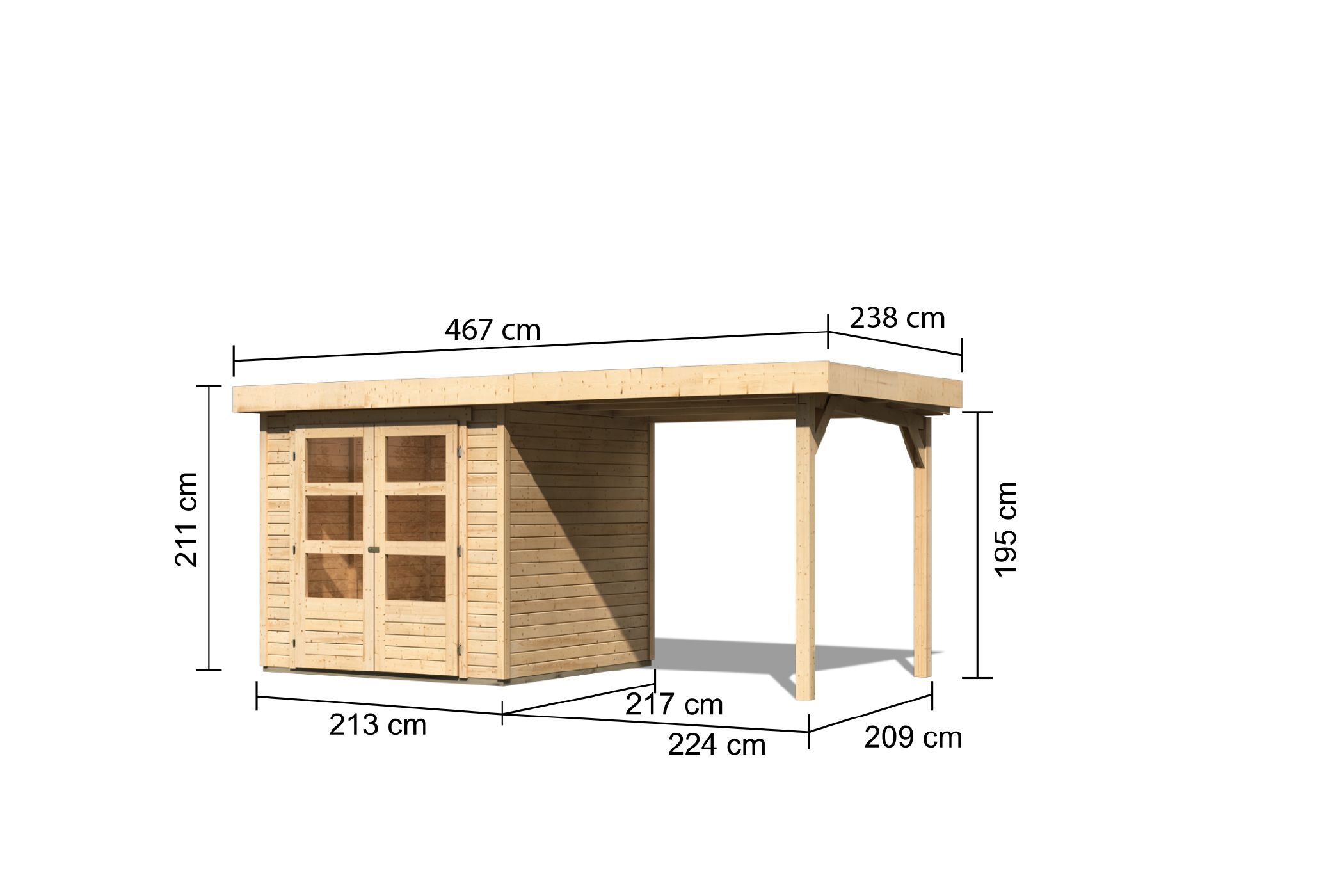 Karibu Gartenhaus Askola 2 SET – mit Anbaudach 2,4 m Breite, naturbelassen